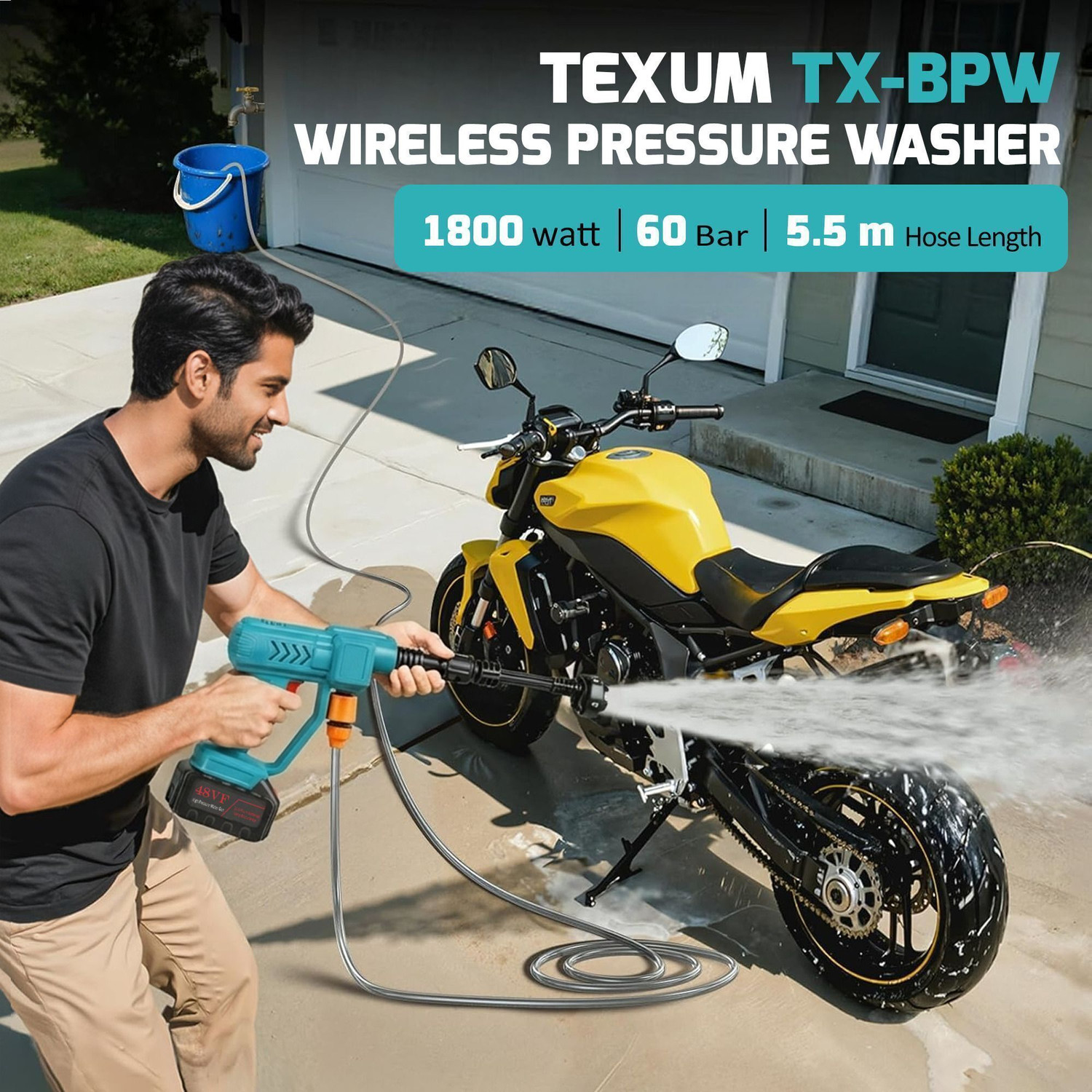 Image of TEXUM TX-BPW Cyan New Wireless 1800 Watt , 60 Bar Rechargeable Battery Pressure Washer