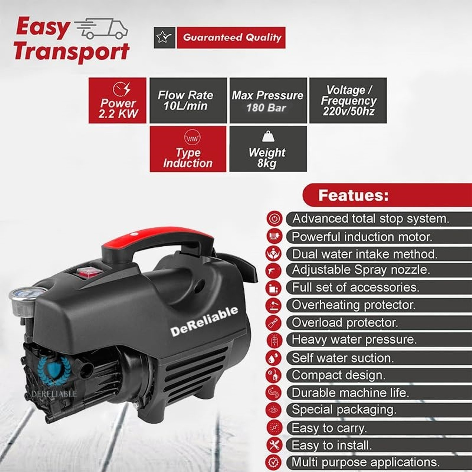 Image of DeReliable 2200W 180Bar High pressure Washer with 10 Meter hose pipe 10L /H Flowrate, Gunjet Pressure Washer