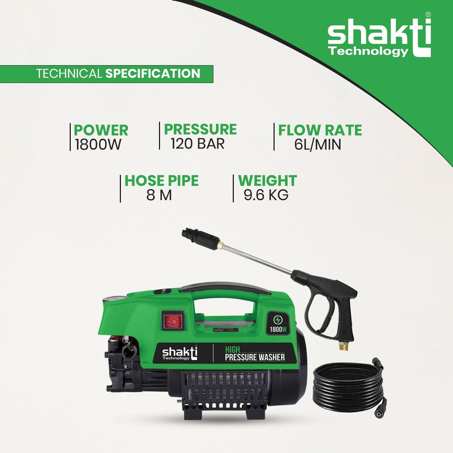 Image of Shakti Technology S3F High Machine 1800 Watts and 120 Bar Pressure Washer