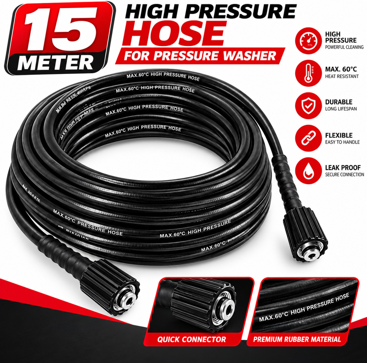Image of RanPra 15 Meter High Pressure Washer Hose Pipe with Connector, Black Pressure Washer