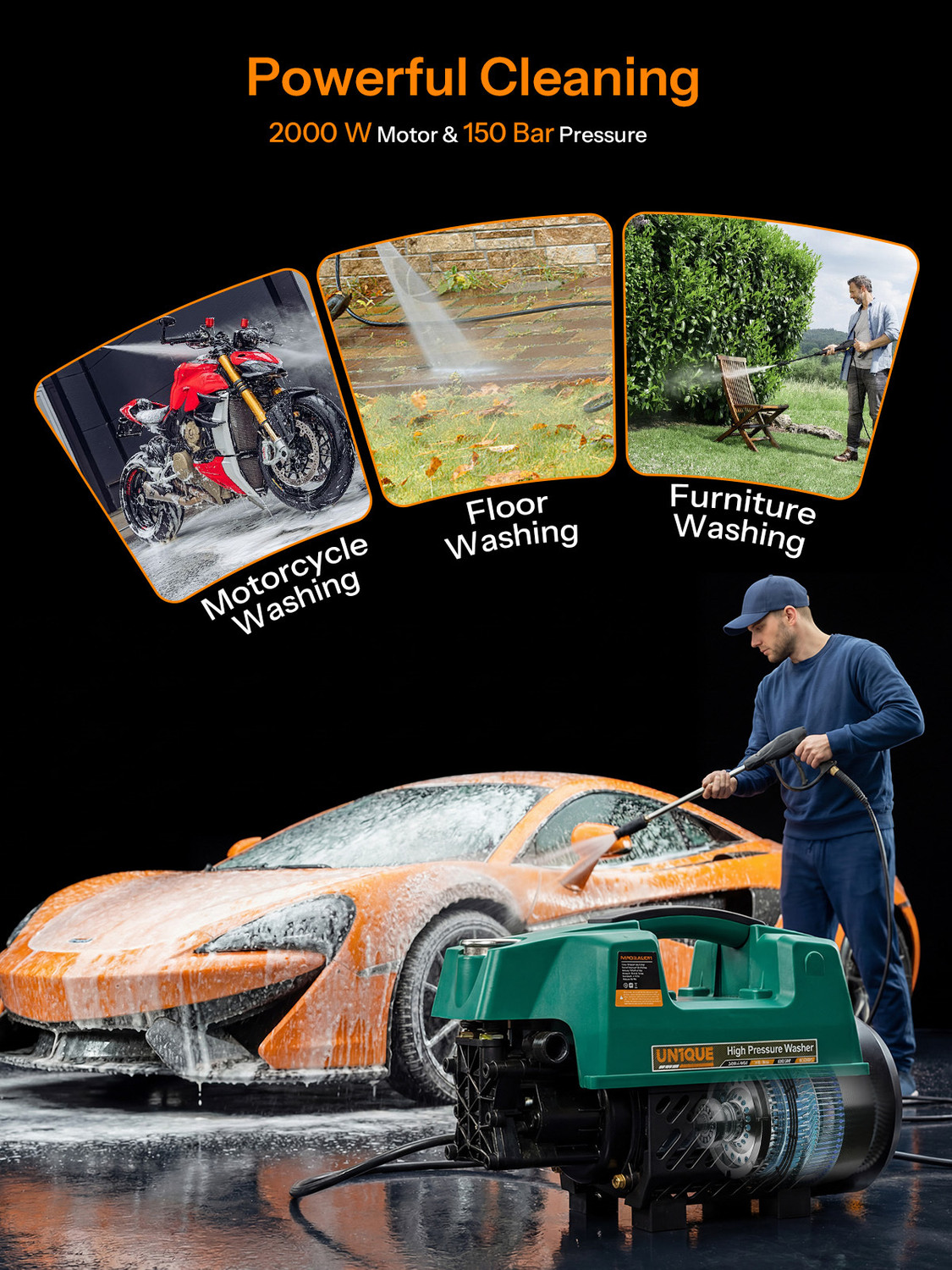 Image of UN1QUE 2000W | 150 Bar | 7L /Min Max Flow | For Home Cleaning, Car & Bike Electric High Pressure Washer