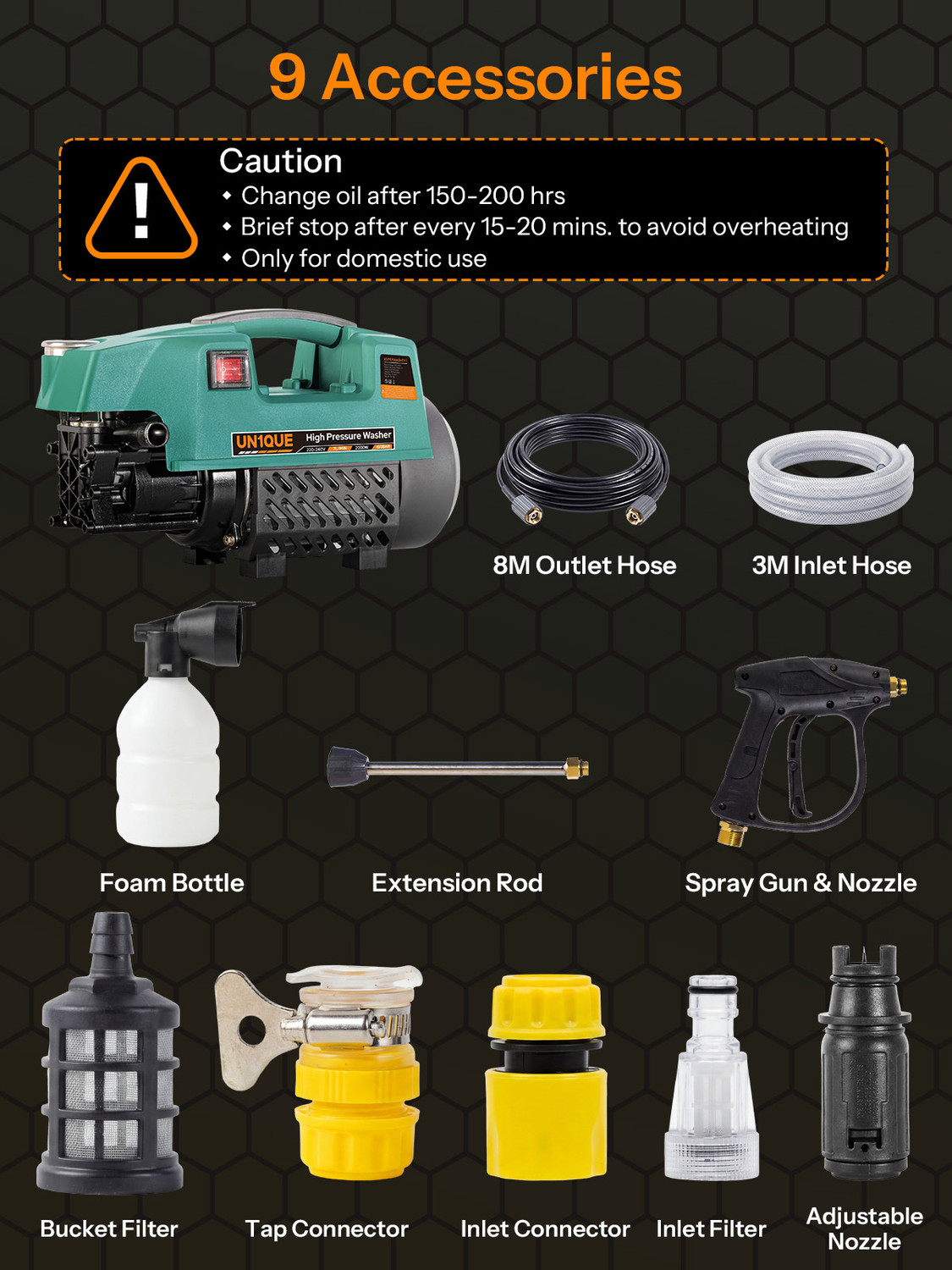 Image of UN1QUE 2000W | 150 Bar | 7L /Min Max Flow | For Home Cleaning, Car & Bike Electric High Pressure Washer