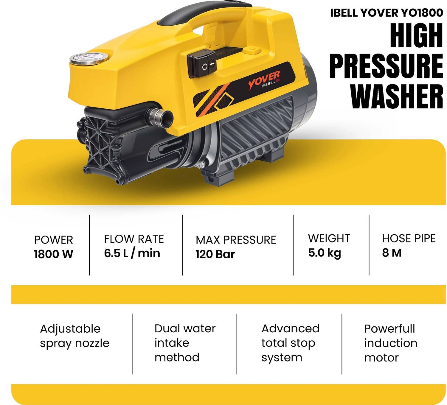 iBELL Yover 1800W 120bar 6.5L/Min Pressure Washer - Image 4