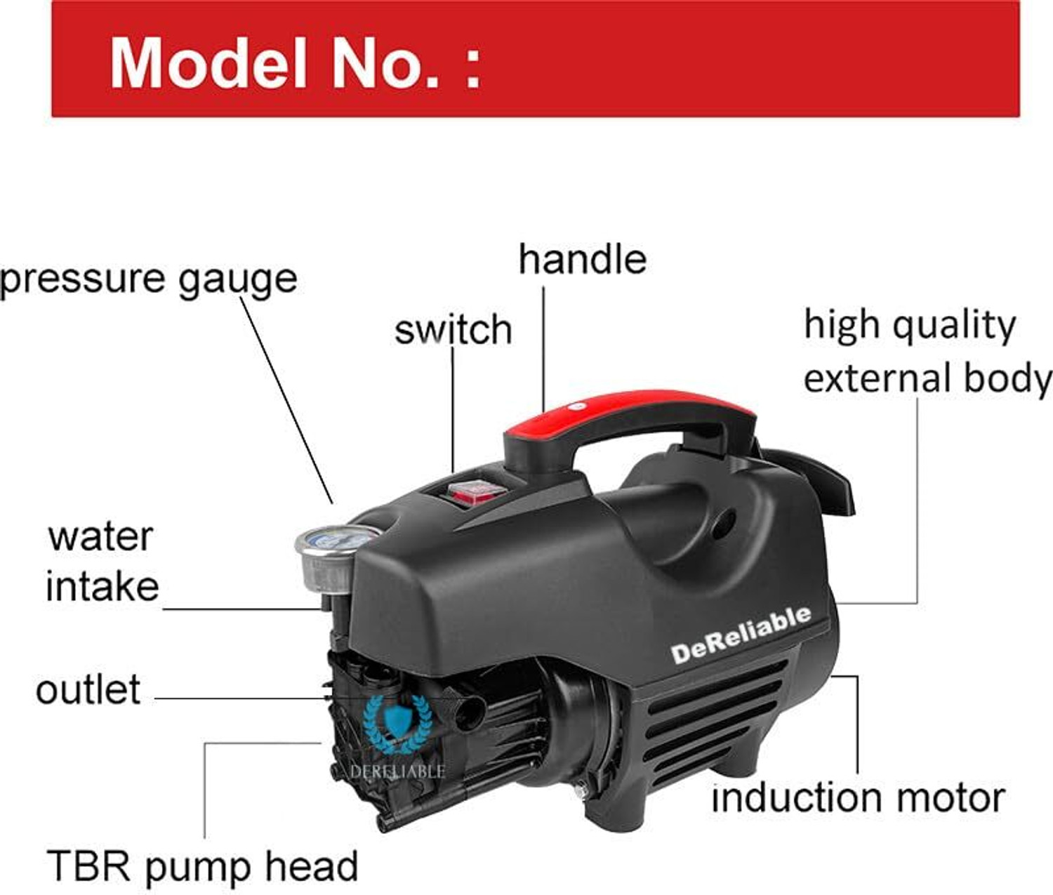 Image of DeReliable 2200W 180Bar High pressure Washer with 10 Meter hose pipe 10L /H Flowrate, Gunjet Pressure Washer