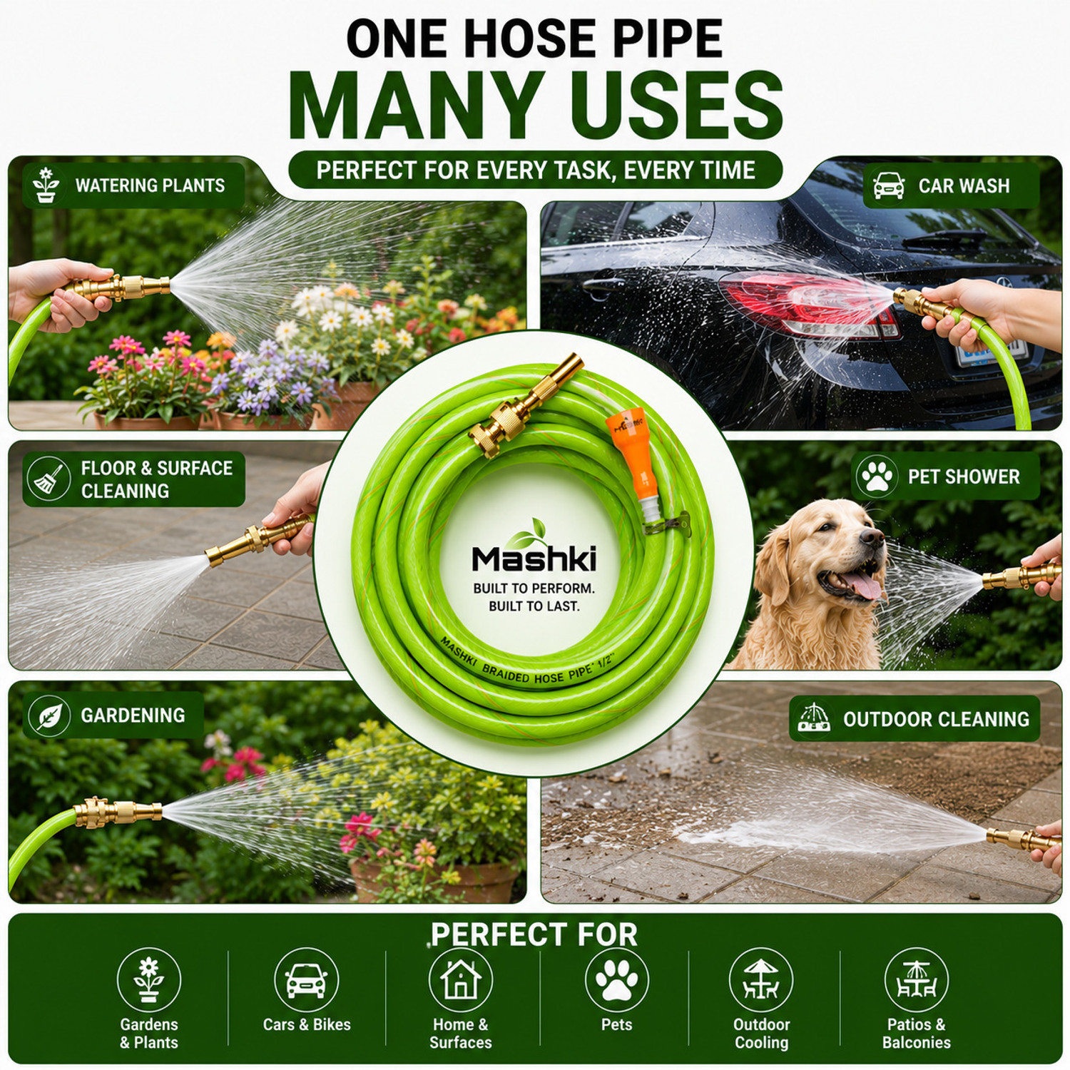 Image of MASHKI 15 Feet 0.5 Inch 3-Layered Braided Water Hose Pipe With Water Nozzle Spray Gun