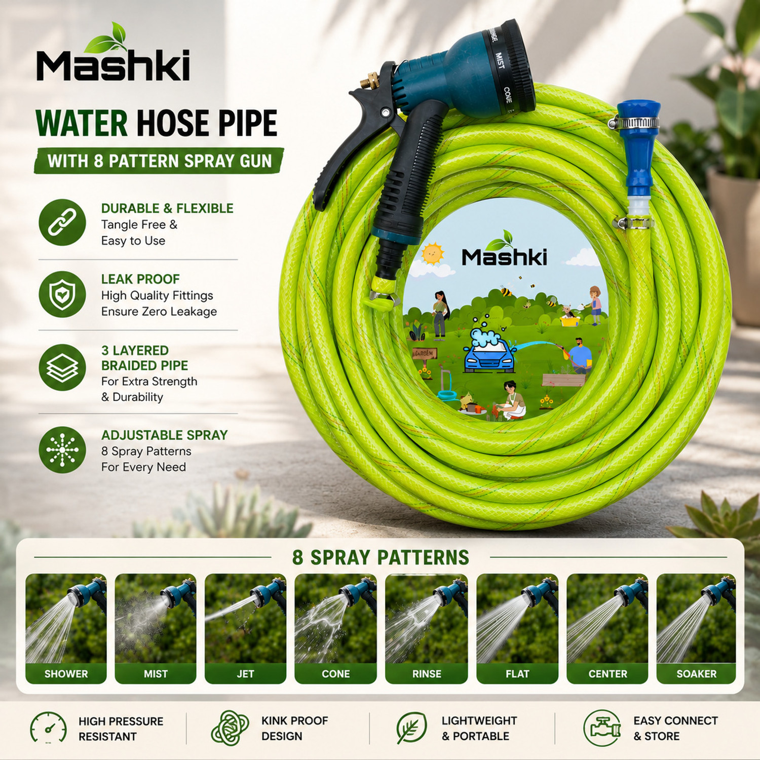 Image of MASHKI 10 Meter (32.5 Feet) 3 Layered Braided Pipe With 8 Pattern Water Spary Gun For Gardening, Car washing, Home Use, Pet Wash Etc Hose Pipe