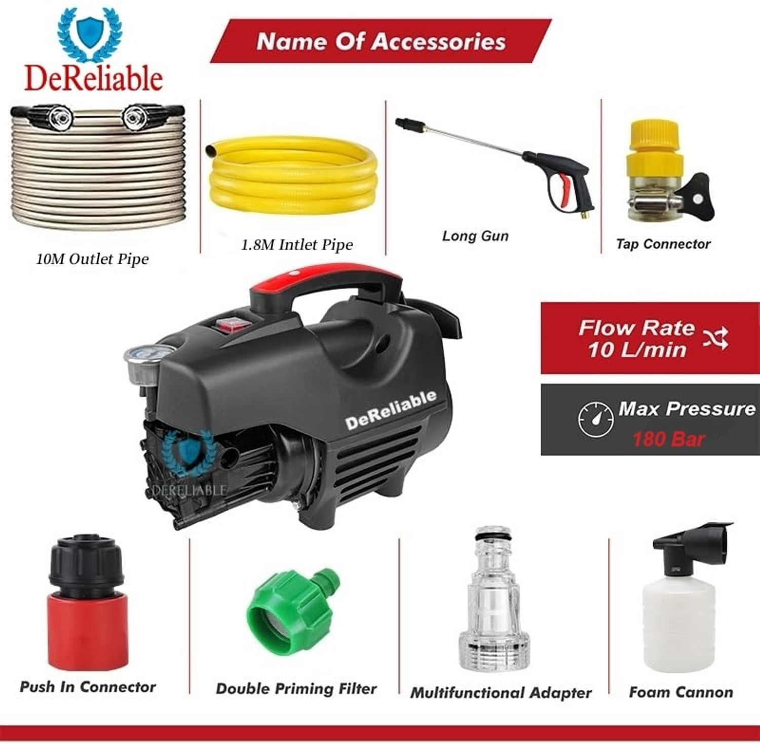 Image of DeReliable 2200W 180Bar High pressure Washer with 10 Meter hose pipe 10L /H Flowrate, Gunjet Pressure Washer