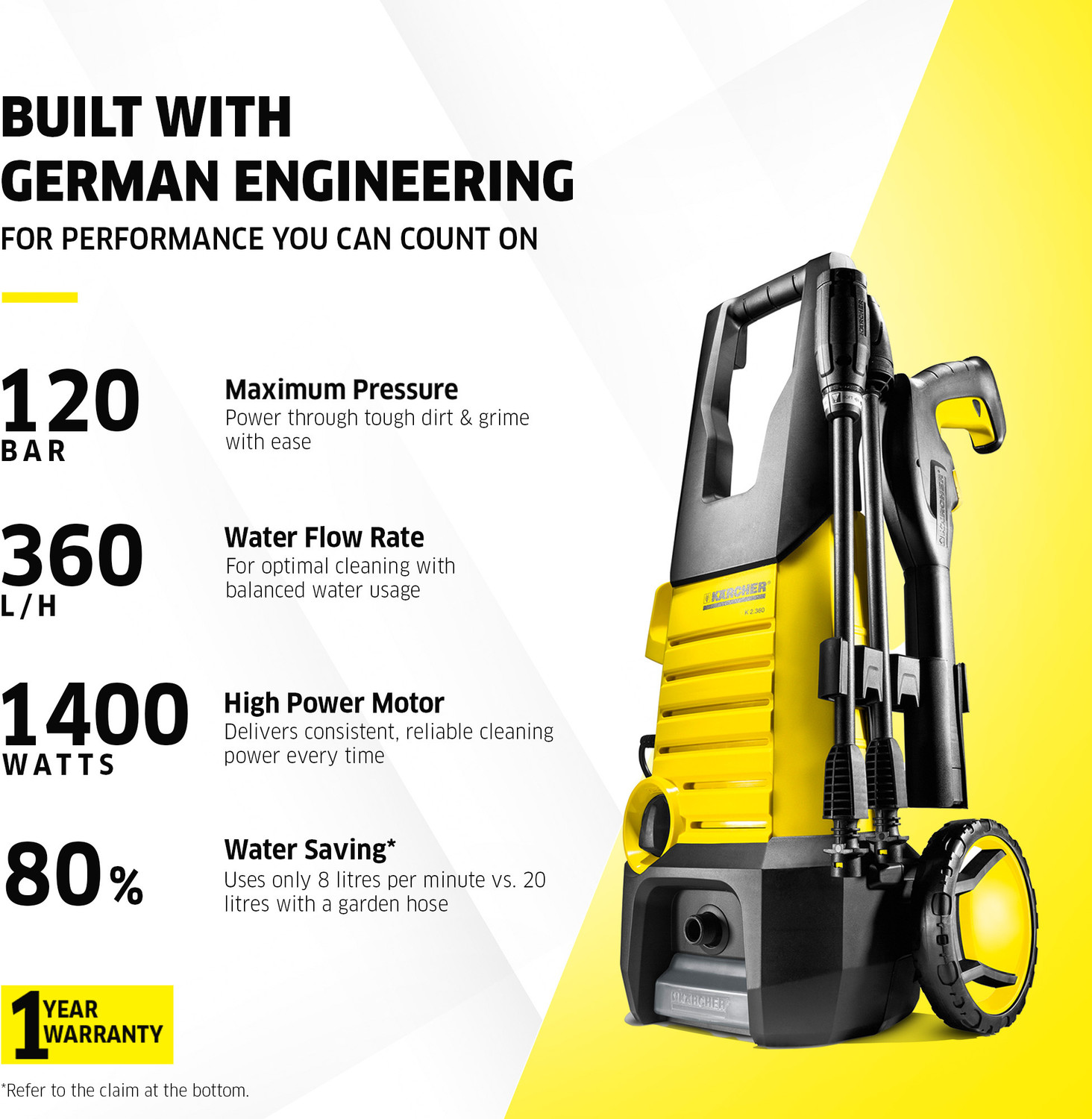 Image of Karcher K 2.360 High Pressure Washer 120 Bar, 1400W, 360L /Hr Flow Rate & 6m Hose Pipe Pressure Washer