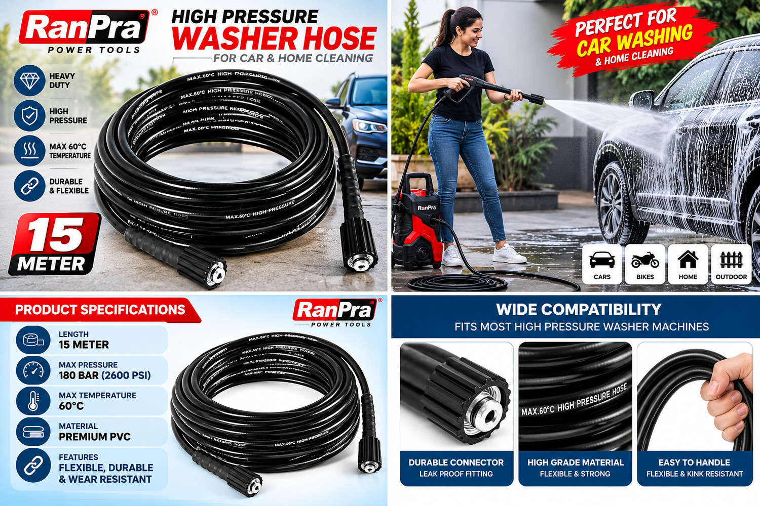 Image of RanPra 15 Meter High Pressure Washer Hose Pipe with Connector, Black Pressure Washer