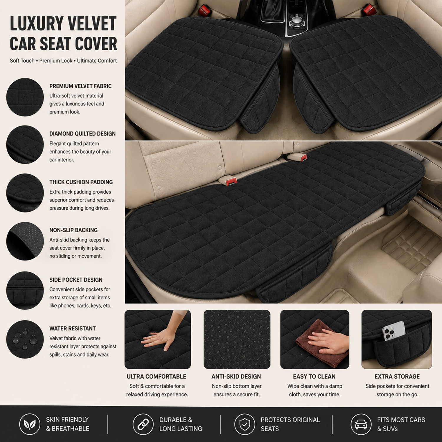 Image of BESTZONE RETAIL MALL Velvet Car Seat Cover For Honda, Hyundai, Kia, Mahindra, Maruti, Skoda, Tata, Toyota, Universal For Car Universal For Car
