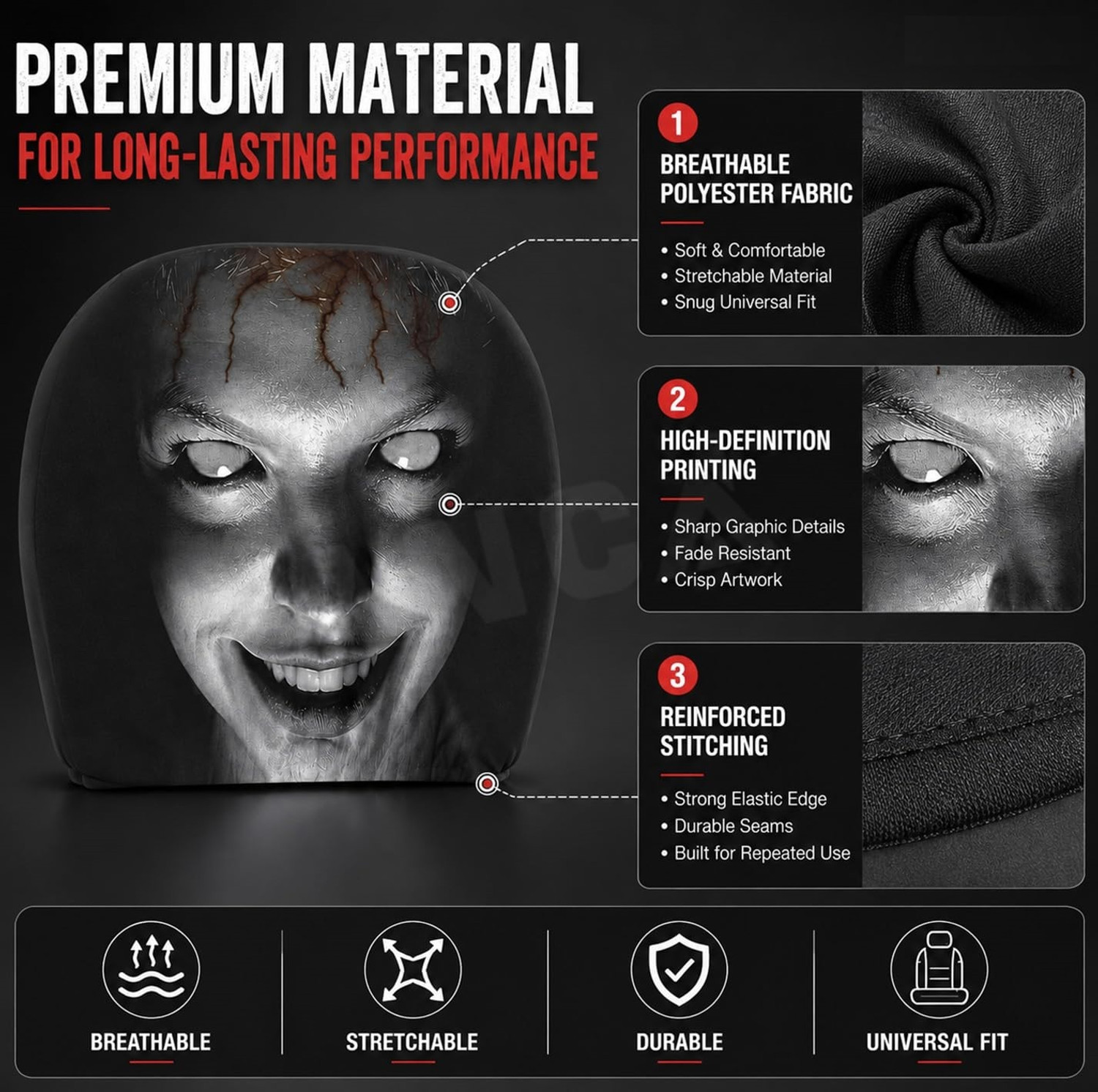 Image of DHAAMI Fabric Car Seat Cover For Universal For Car, NA Spooky Horror Ghost Car Headrest Protectors - 2 Pcs
