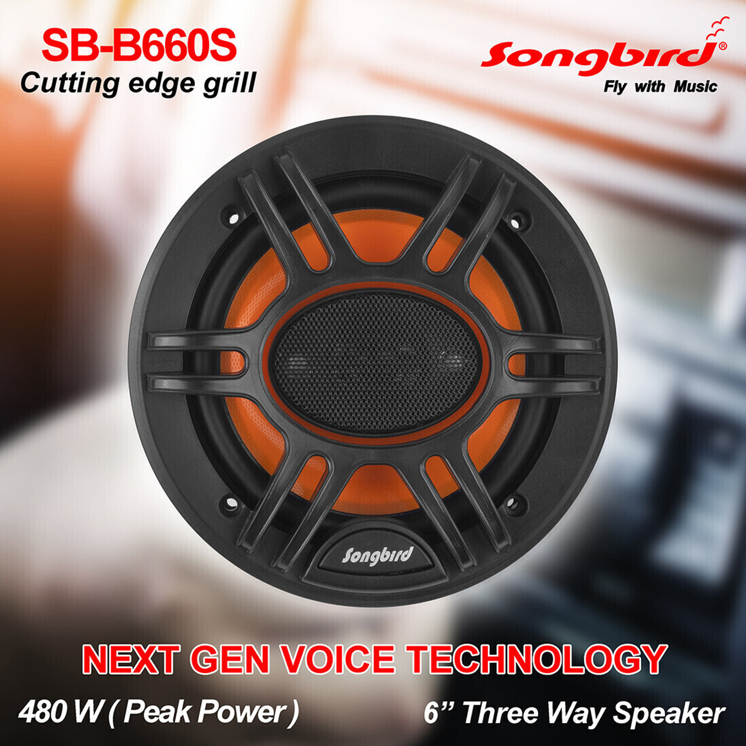 Image of songbird 6 Inch Max 3 Way Door Speaker Inbuilt Tweeter 2 Piece in Box with Grill & Jaali A34-SB-B660S Coaxial Car Speaker