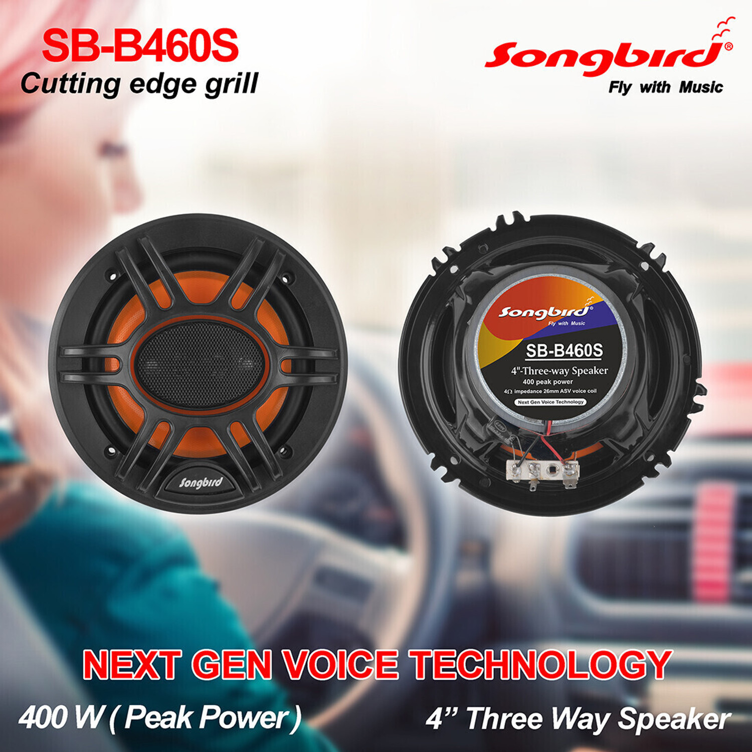 Image of songbird 4 INCH 400W MAX DOOR Tweeter 2 piece speaker in BOX with grill and jaali SB-B460S Coaxial Car Speaker