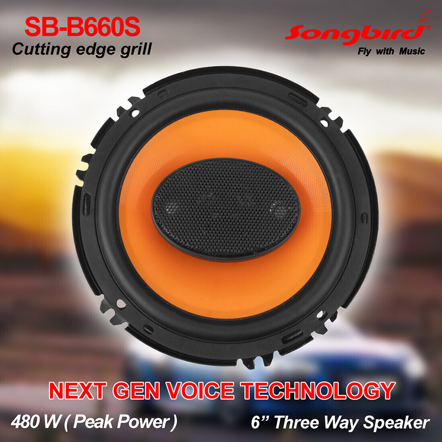 Image of songbird 6 Inch Max 3 Way Door Speaker Inbuilt Tweeter 2 Piece in Box with Grill & Jaali A34-SB-B660S Coaxial Car Speaker