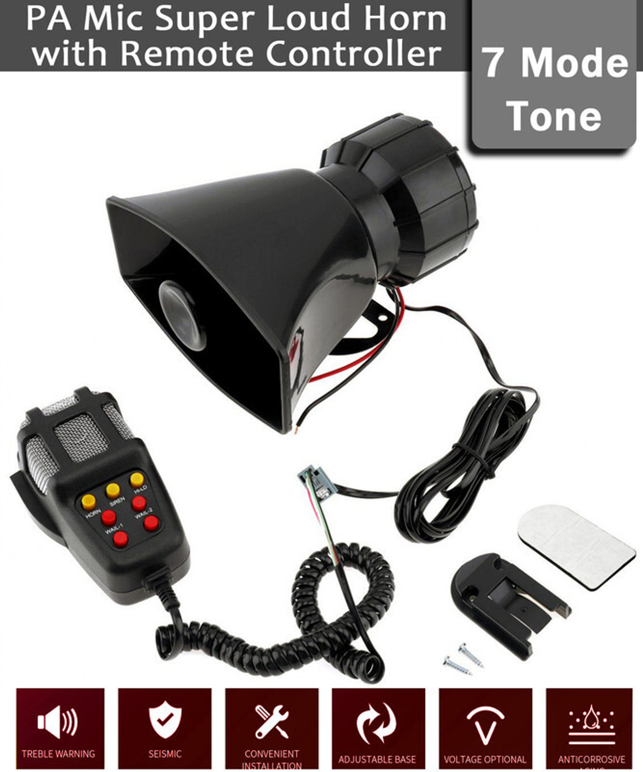 Image of Selifaur 12 Volt Electric Air Horn Siren Speaker With Mic 7 Tone Sound Loud Car Siren Hooter /Ambulance /Siren /Traffic Sound For 800 Component Car Speaker