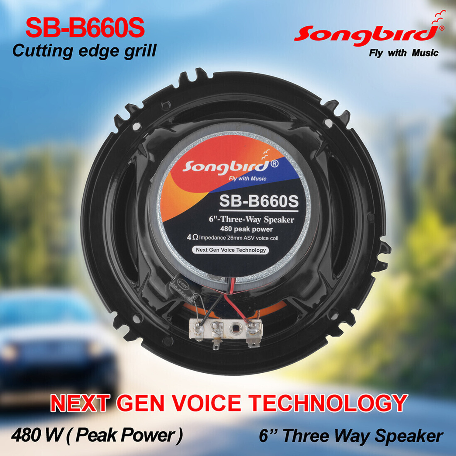 Image of songbird 6 Inch Max 3 Way Door Speaker Inbuilt Tweeter 2 Piece in Box with Grill & Jaali A34-SB-B660S Coaxial Car Speaker