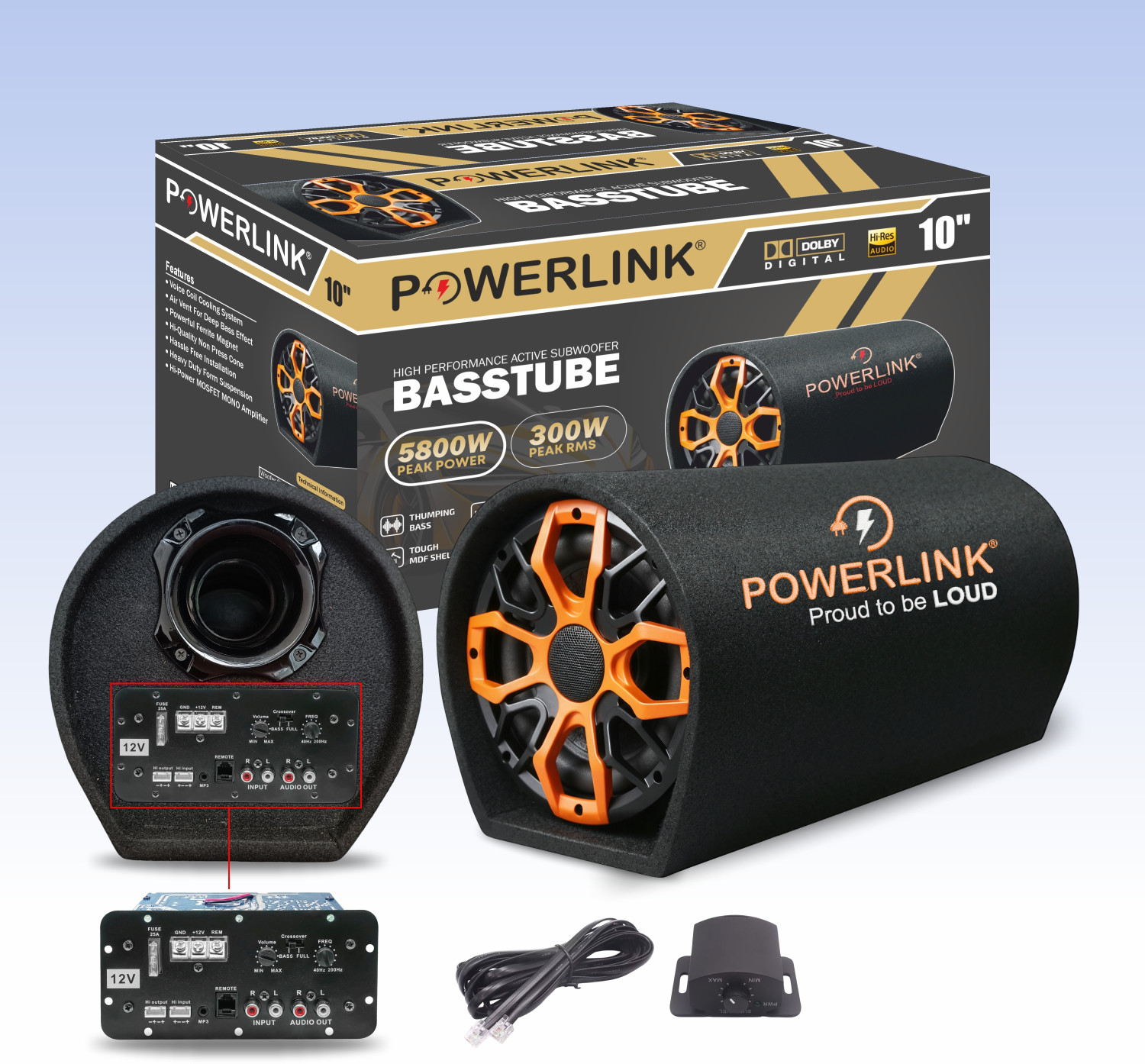 Image of Powerlink 10 Inch Active Car Bass tube With Inbuilt Imported Line-Control-Amplifier |Peak Power: 5800W | | Powerful Audio and Deep Bass | Subwoofer