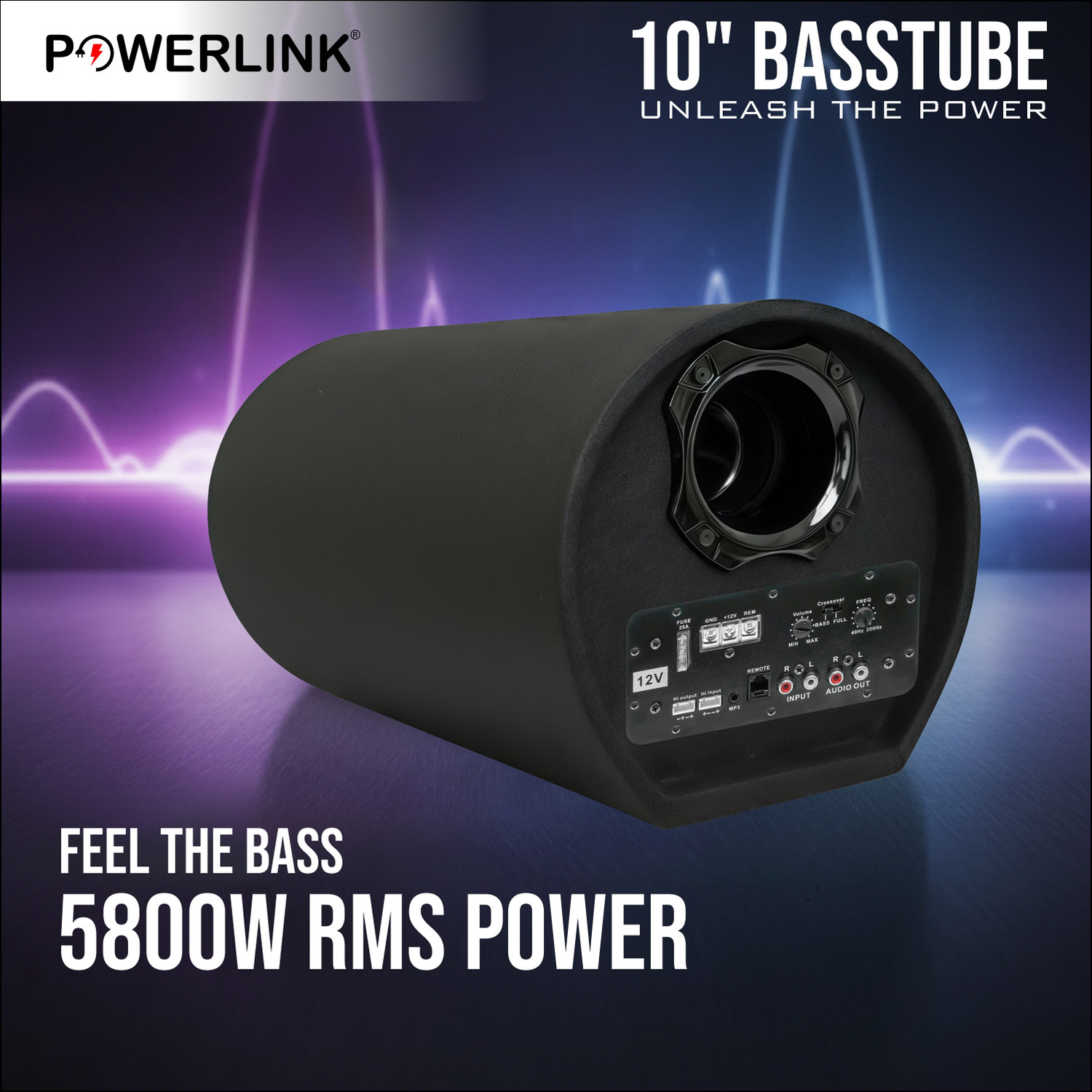 Image of Powerlink 10 Inch Active Car Bass tube With Inbuilt Imported Line-Control-Amplifier |Peak Power: 5800W | | Powerful Audio and Deep Bass | Subwoofer