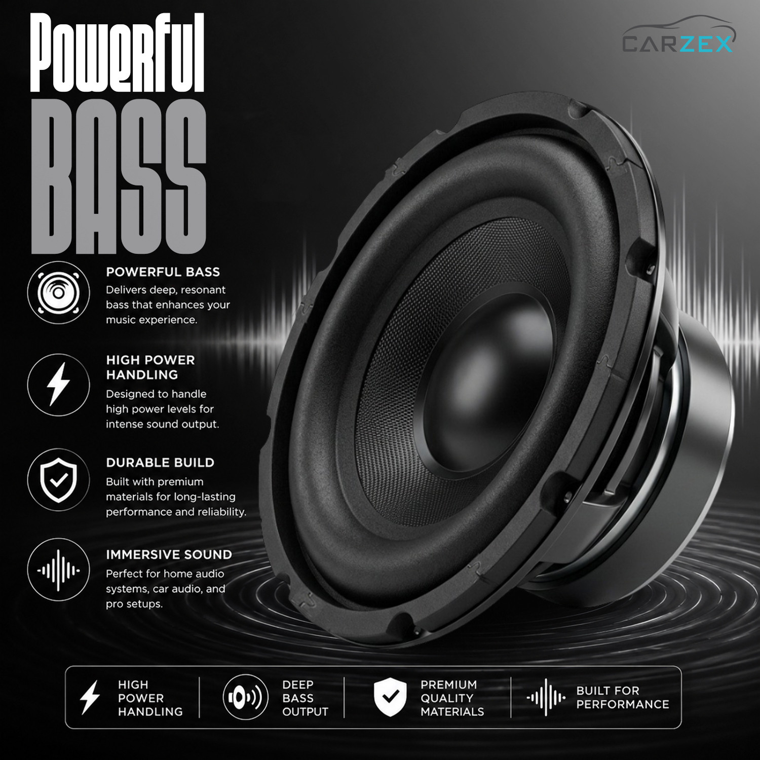 Image of CARZEX 8 Inch Subwoofer with 150W RMS, 4-ohms with 500W Peak Power Single Magnet Power Subwoofer For Automotive & Car Audio Systems (Single Piece) Subwoofer