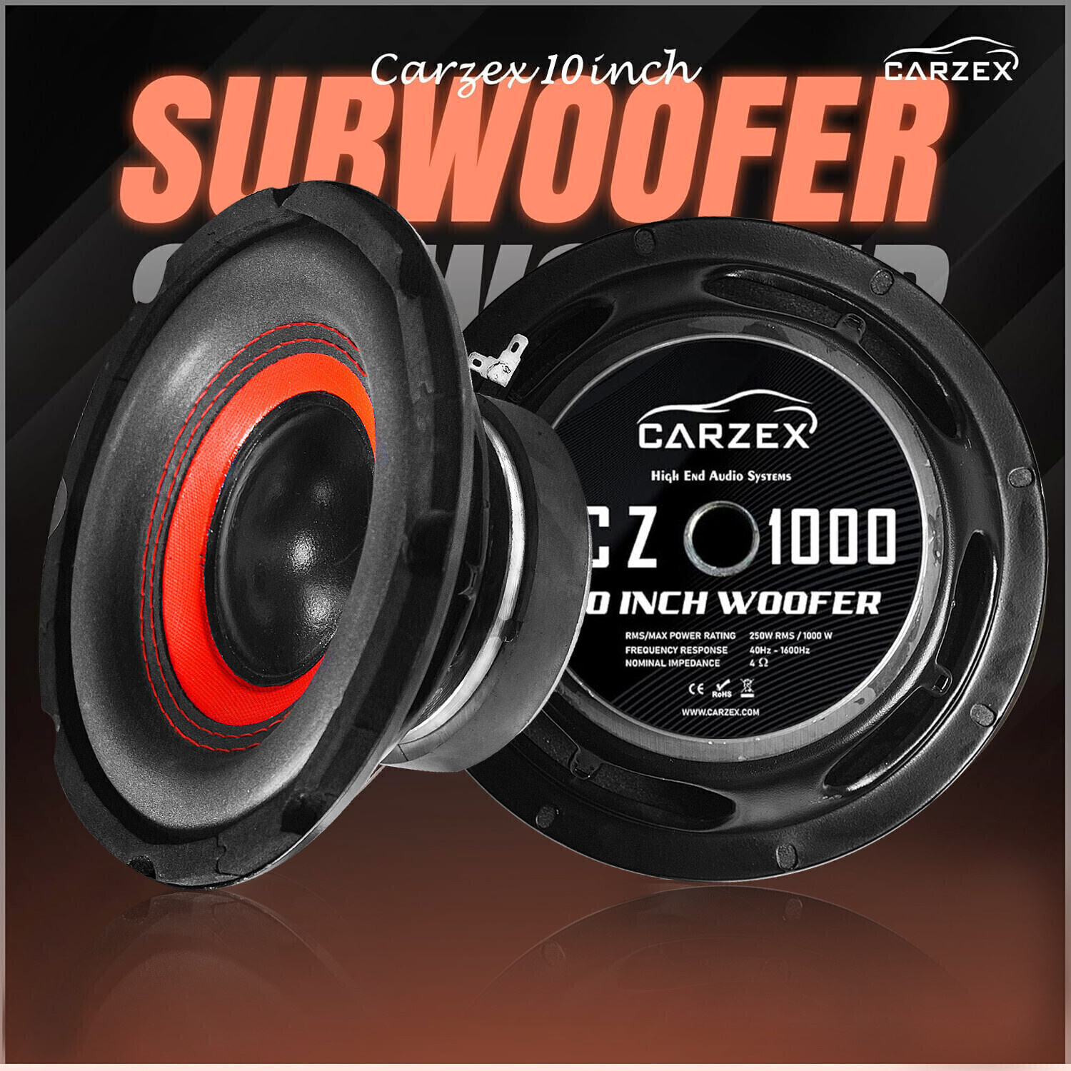 Image of CARZEX 10 Inch Subwoofer 250W RMS, 4-ohms, 1000W Peak Power 4 Layer Copper Coil CZ 1000 Subwoofer