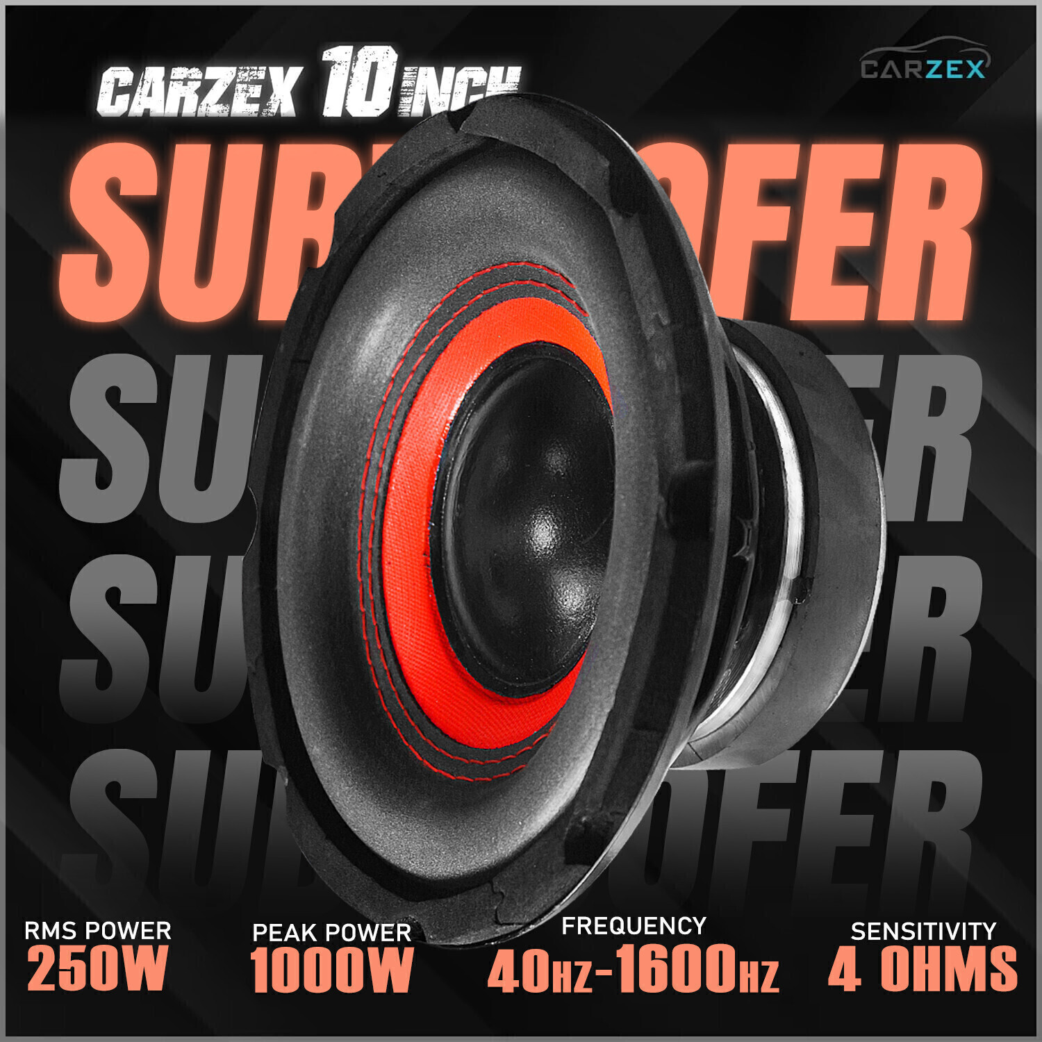 Image of CARZEX 10 Inch Subwoofer 250W RMS, 4-ohms, 1000W Peak Power 4 Layer Copper Coil CZ 1000 Subwoofer