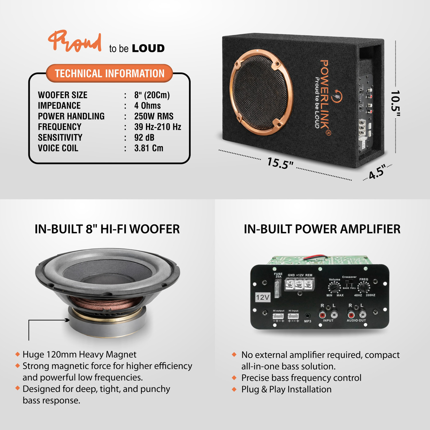 Image of Powerlink 8 Inch Output Underseat Subwoofer Output Power with adjustable sound control with in built Amplifier (PMPO - 4400W) Subwoofer