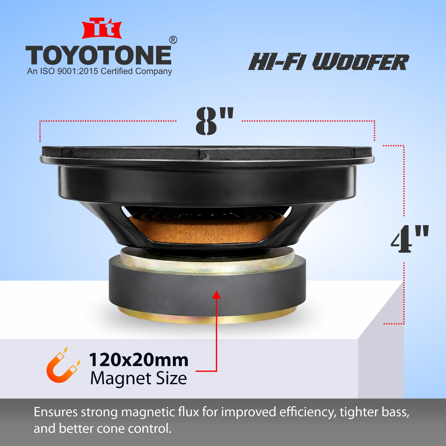 Image of TOYOTONE 8 inch Inch HI-FI Woofer Speaker | Copper Coil of 4 Ohms | Paper-Coated Rubber Edge Woofer | 120x20mm Single Magnet | 150 Watt for Car and Home Audio Subwoofer