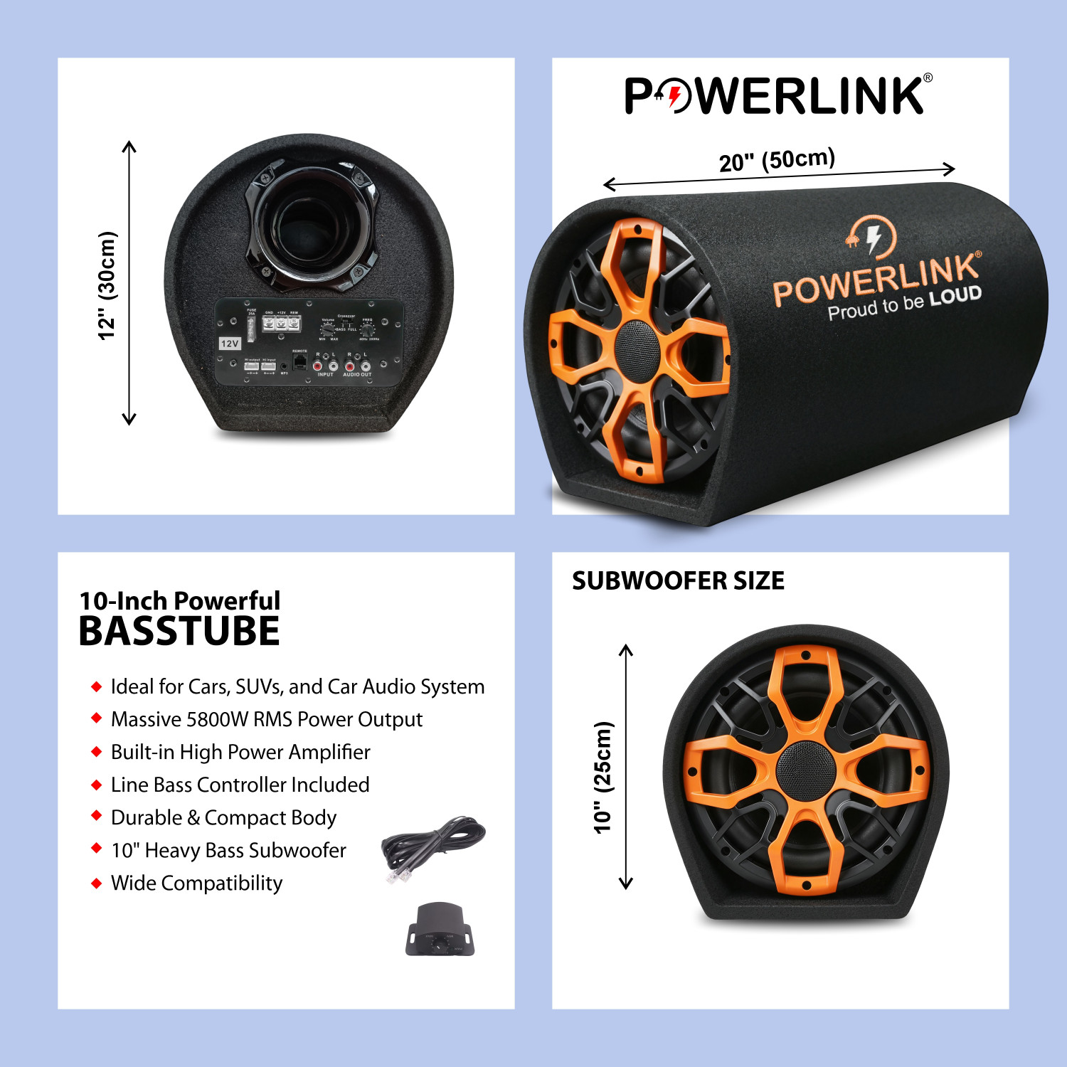 Image of Powerlink 10 Inch Active Car Bass tube With Inbuilt Imported Line-Control-Amplifier |Peak Power: 5800W | | Powerful Audio and Deep Bass | Subwoofer