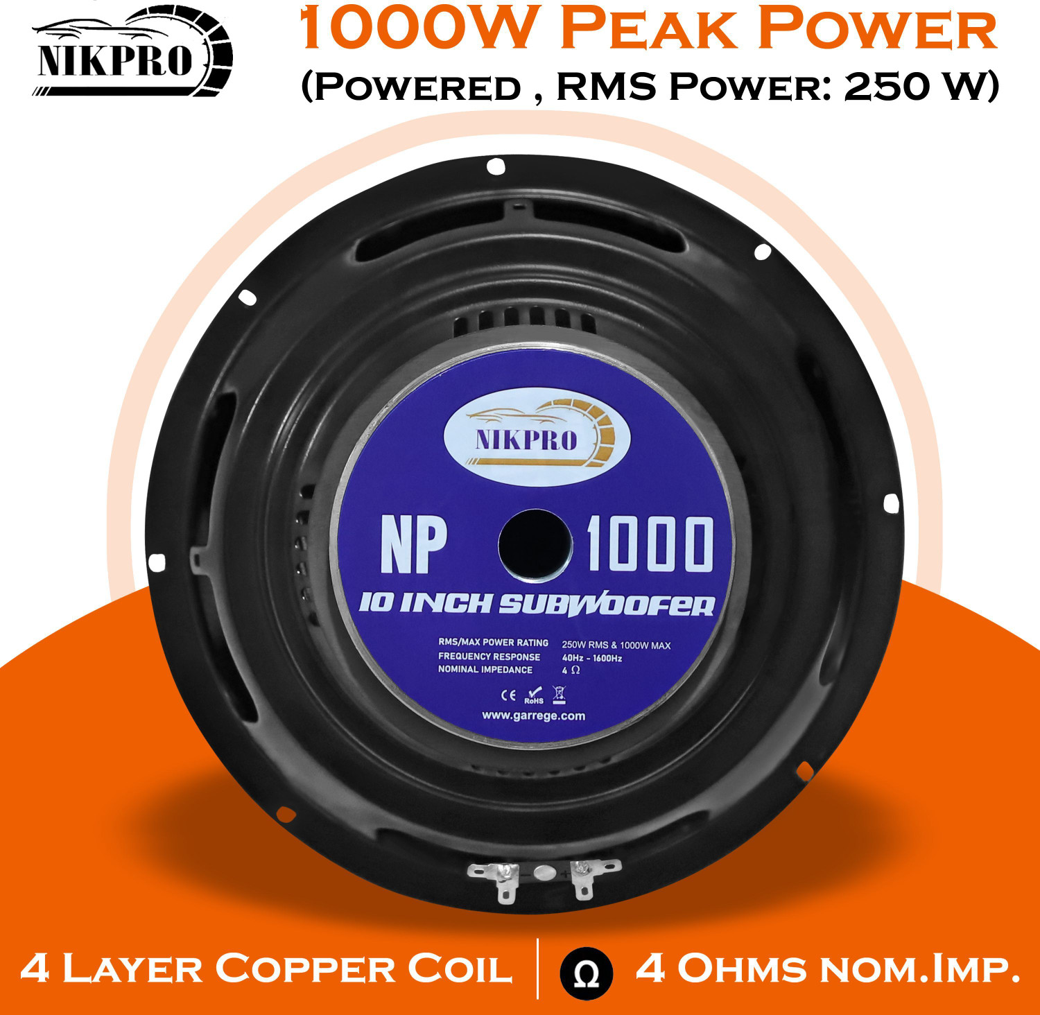 Image of NIKPRO 10-Inch High-Power Subwoofer for Car, Home & Home Theater Systems 10-Inch High-Performance Subwoofer with 250W RMS Output, 1000W Peak Power Subwoofer