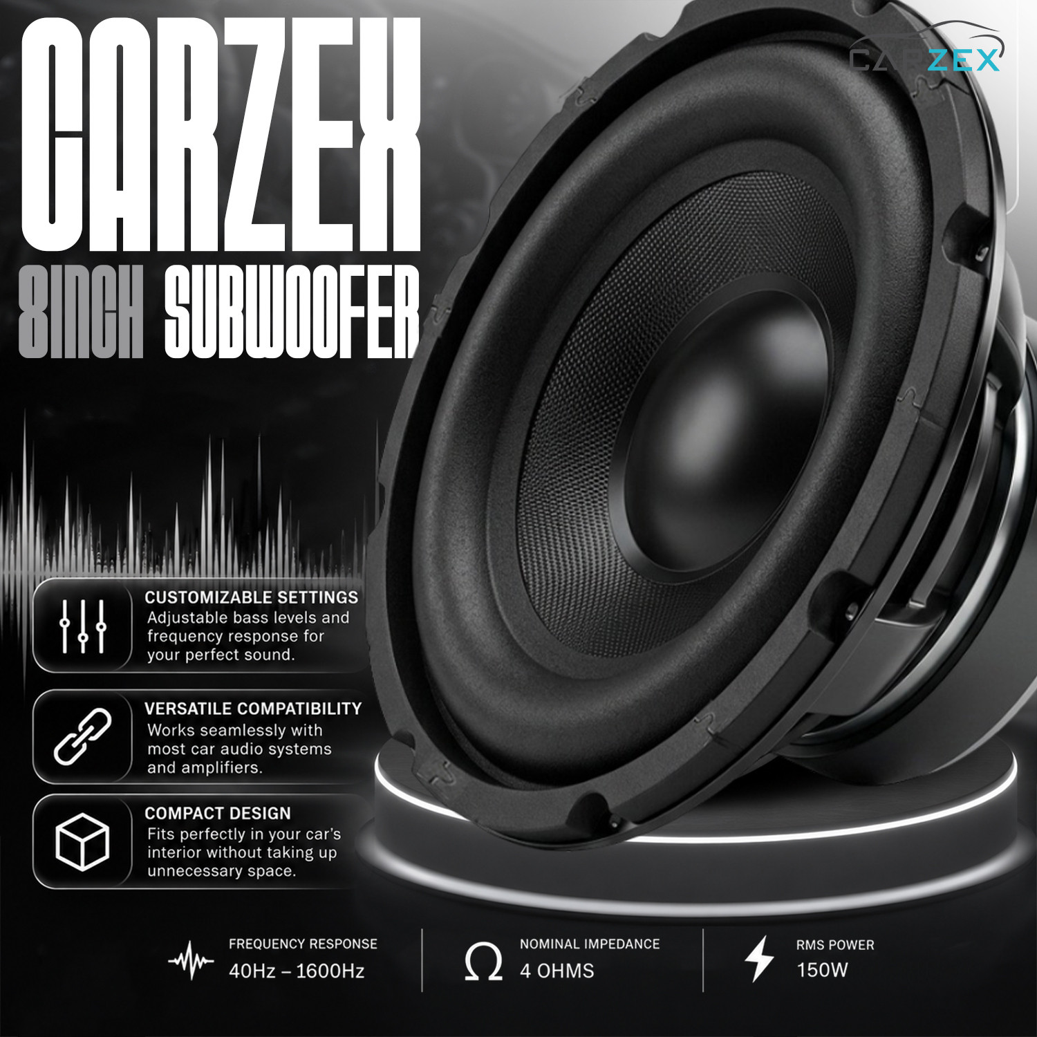 Image of CARZEX 8 Inch Subwoofer with 150W RMS, 4-ohms with 500W Peak Power Single Magnet Power Subwoofer For Automotive & Car Audio Systems (Single Piece) Subwoofer