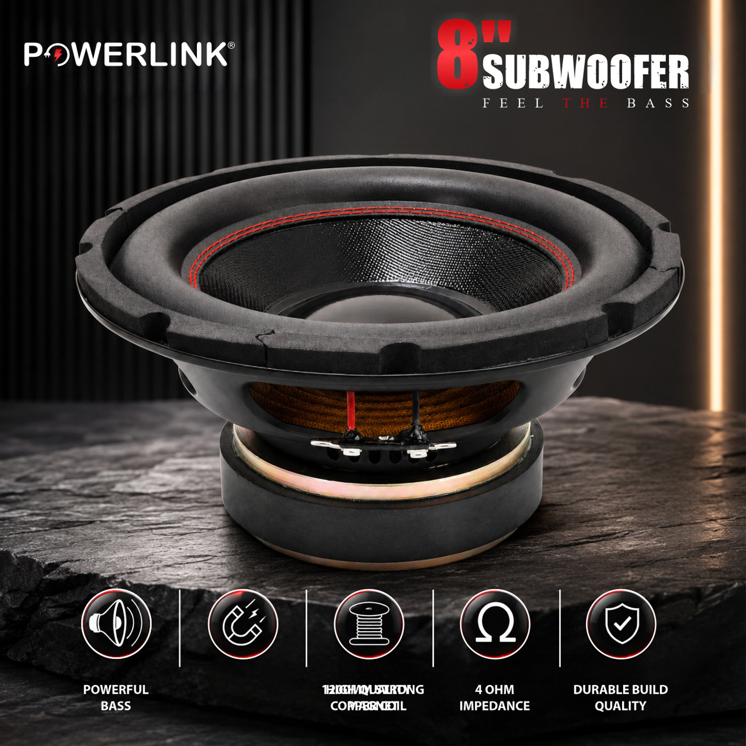 Image of Powerlink 8 inch Subwoofer Imported Black SPL Foam - 200W Peak RMS Power /4-Ohm /1.5-Inch Copper Coil / 120mm Single Magnet Subwoofer Subwoofer