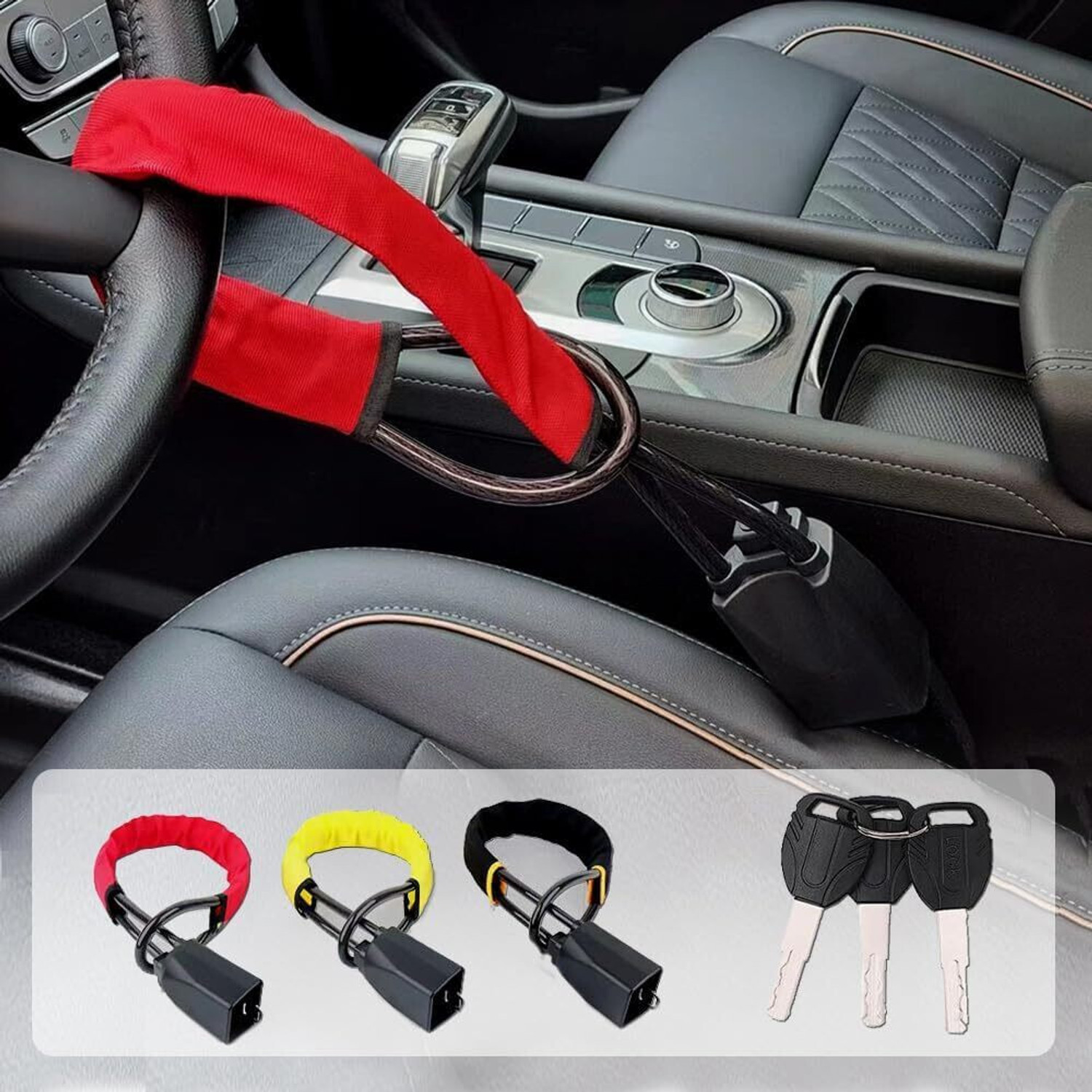 Image of Beamerzz Car Steering Wheel Lock Anti-Theft Device with 3 Keys Wheel Lock-66 Adjustable Safety Lock-001 Wheel Lock