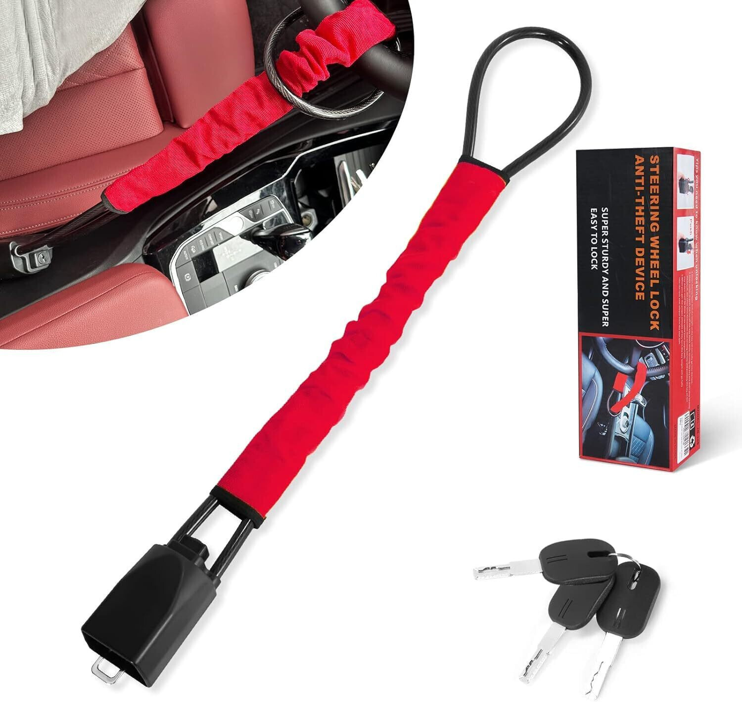 Image of Beamerzz Car Steering Wheel Lock Anti-Theft Device with 3 Keys Wheel Lock-66 Adjustable Safety Lock-001 Wheel Lock