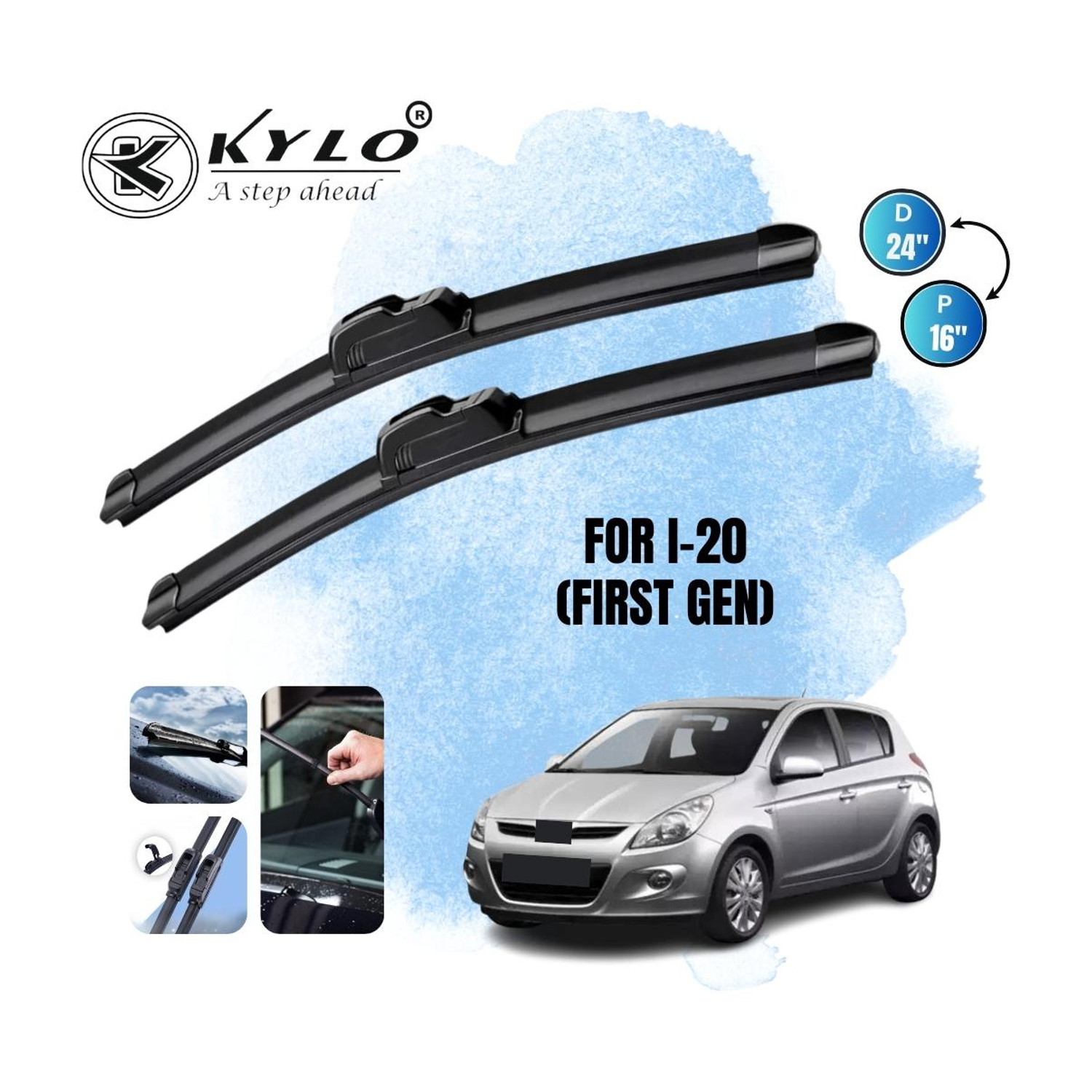 Image of KYLO Windshield Wiper For HYUNDAI i20 (60 cm and 40 cm, Passenger And Driver Side Wipers, Pack of: 2)