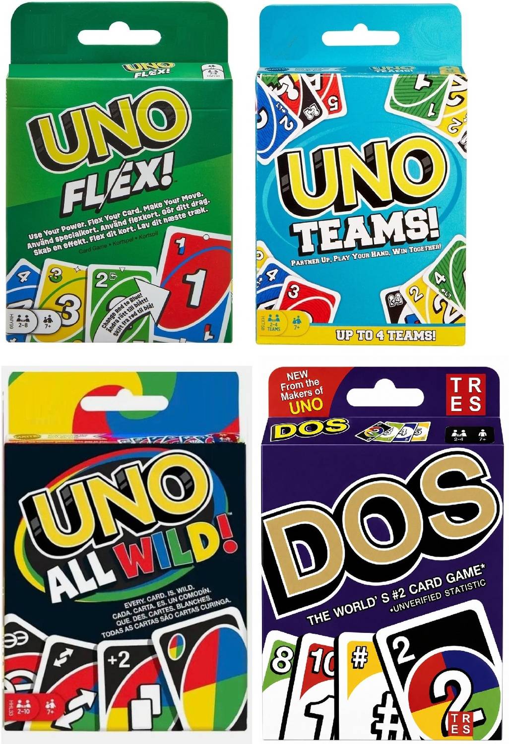 TMA Uno Flex, Teams, All Wild & DOS Party Pack Card Game Combo - Image 1