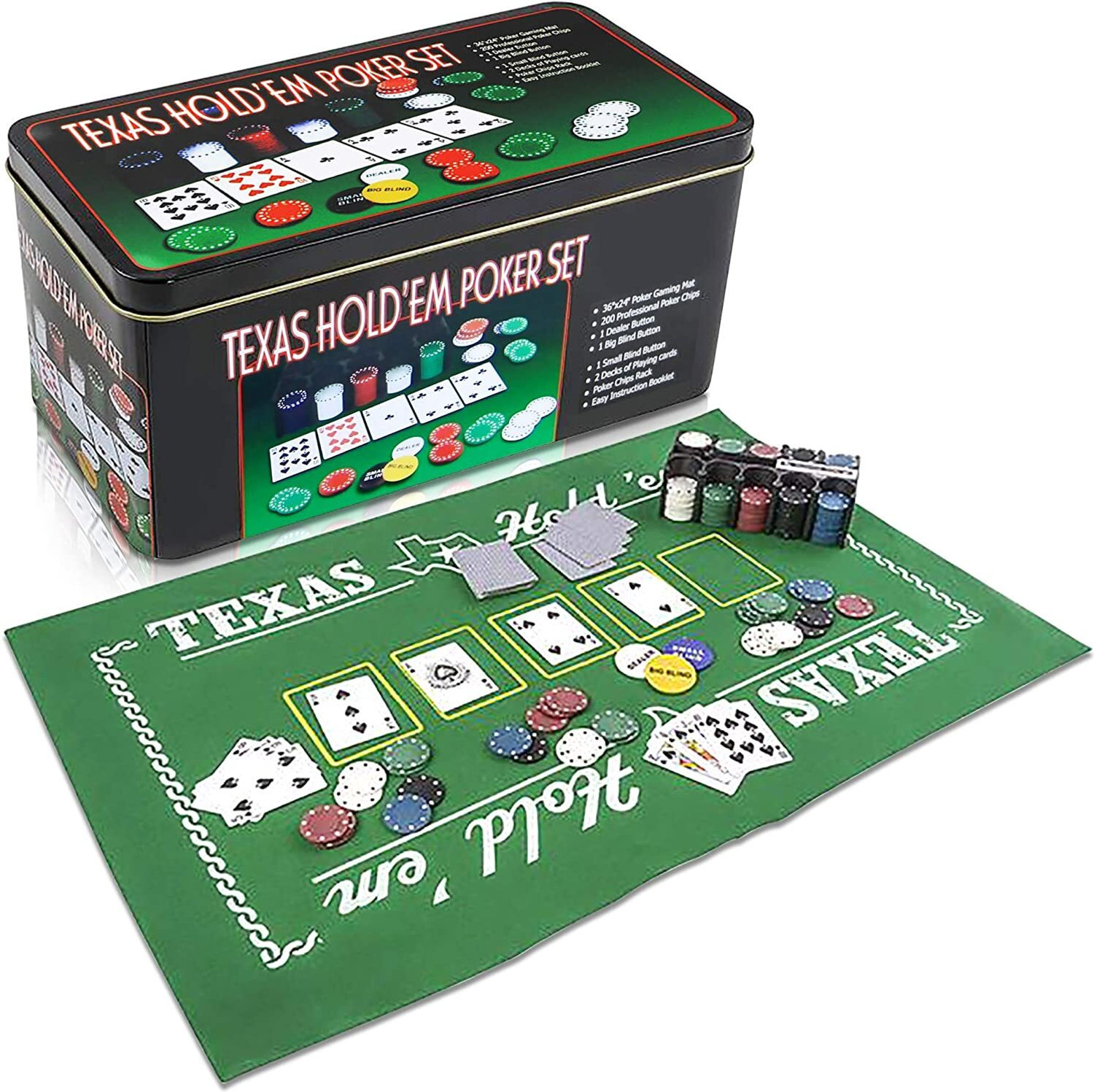 Image of HOW(House Of Wishes) Texas Holdem Poker Game Set Includes 2 Card, Decks Holder and Tin Storage Box