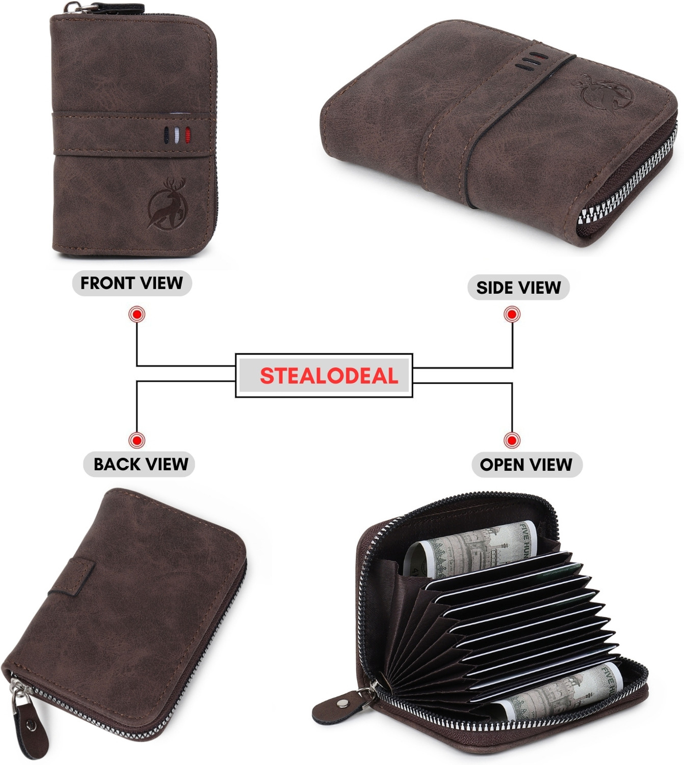 Image of Flipkart SmartBuy Long-Lasting 9 Card Slot|2 Cash Slot Brown Leather Zip Debit /Credit 10 Card Holder