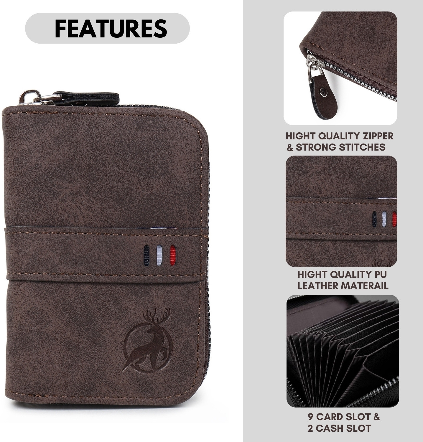 Image of Flipkart SmartBuy Long-Lasting 9 Card Slot|2 Cash Slot Brown Leather Zip Debit /Credit 10 Card Holder