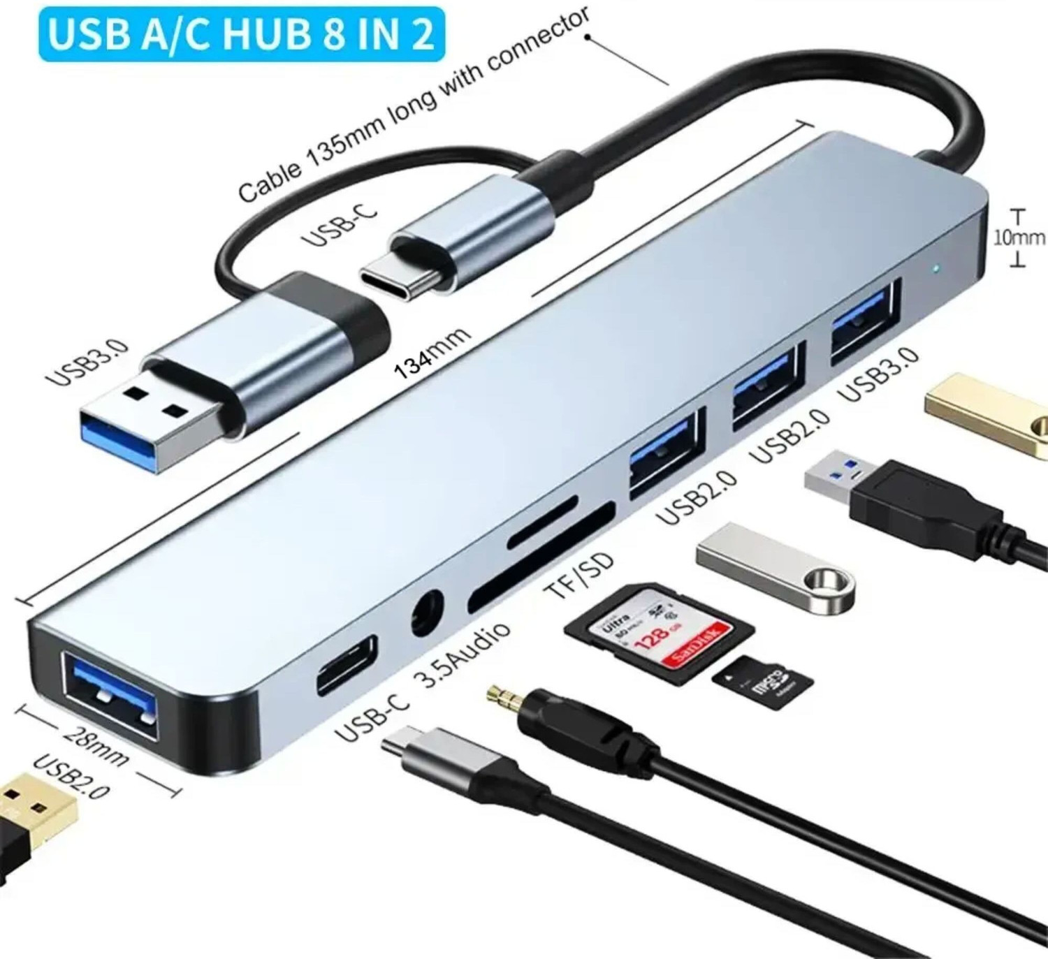 Image of fotokina 8 in 1 Ports USB a Type C USB HUB SD TF Card Reader Card Reader