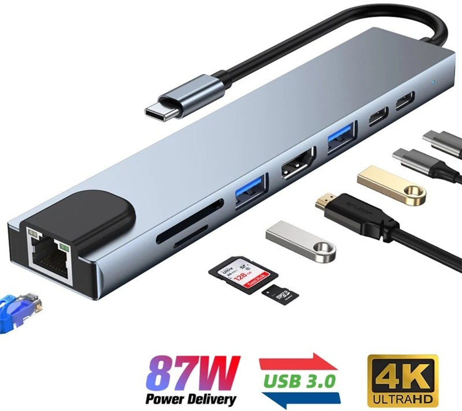 Image of PLUGPULSES 8-in-1 USB C Docking Station with HDMI, Ethernet, SD Card Reader High-Speed 8-in-1 Type-C Hub with HDMI, USB 3.0 & Card Reader USB Hub