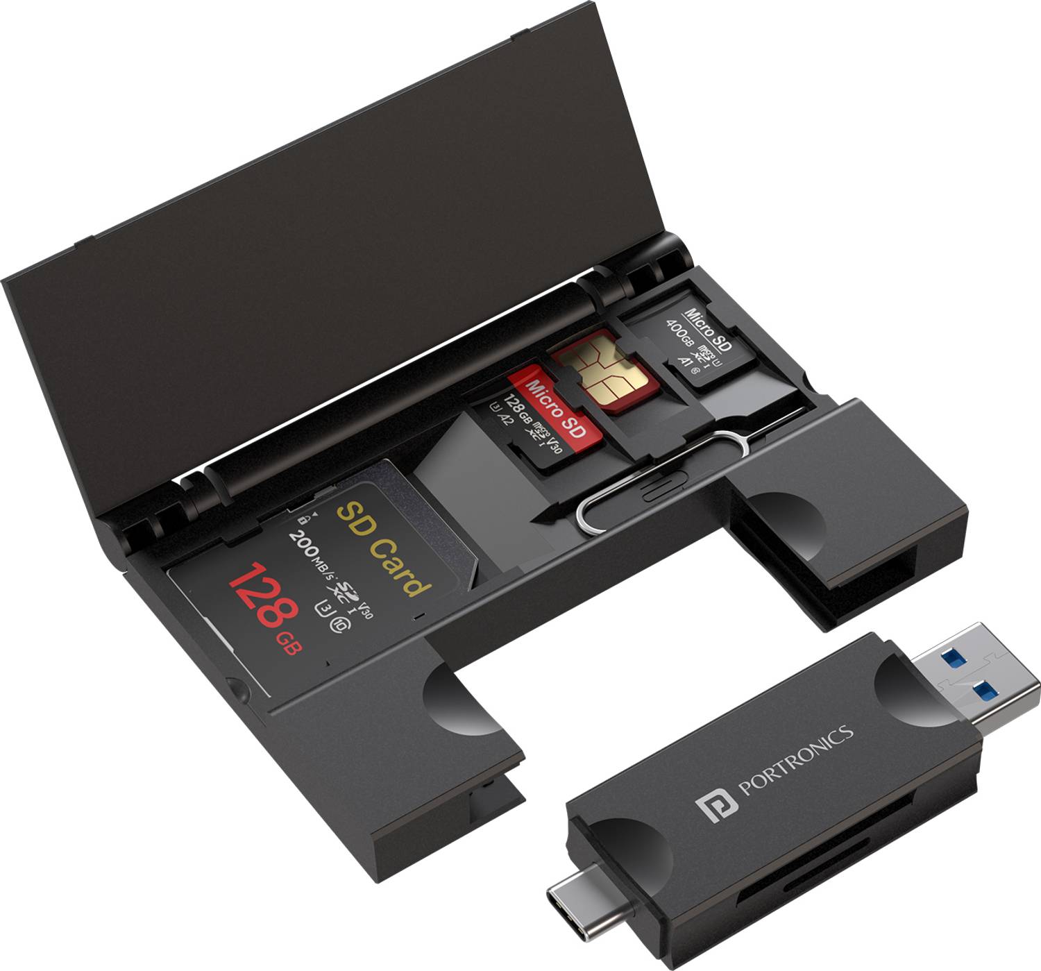 Portronics Mport 30 Plus, microSD & SD Card Reader, USB & Type-C Plugs with Storage Case, Card Reader