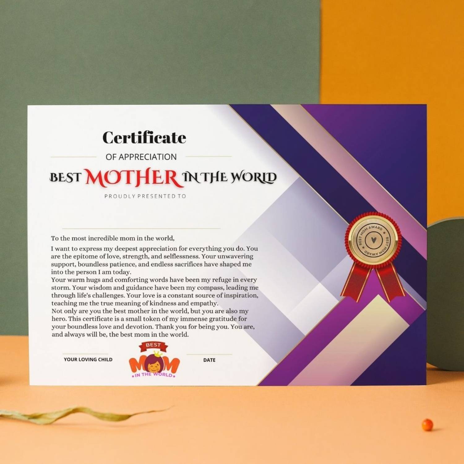 AanyaCentric Best Mother Certificate 11.7x8.3inches A4 Size with Envelope For Mom Maa Mummy Greeting Card