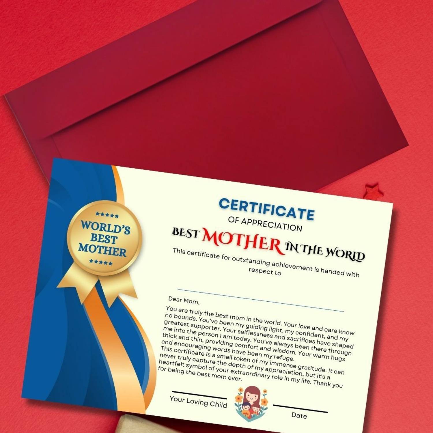 AanyaCentric Best Mother Certificate 11.7x8.3inches A4 Size For Mom Maa Mummy Greeting Card
