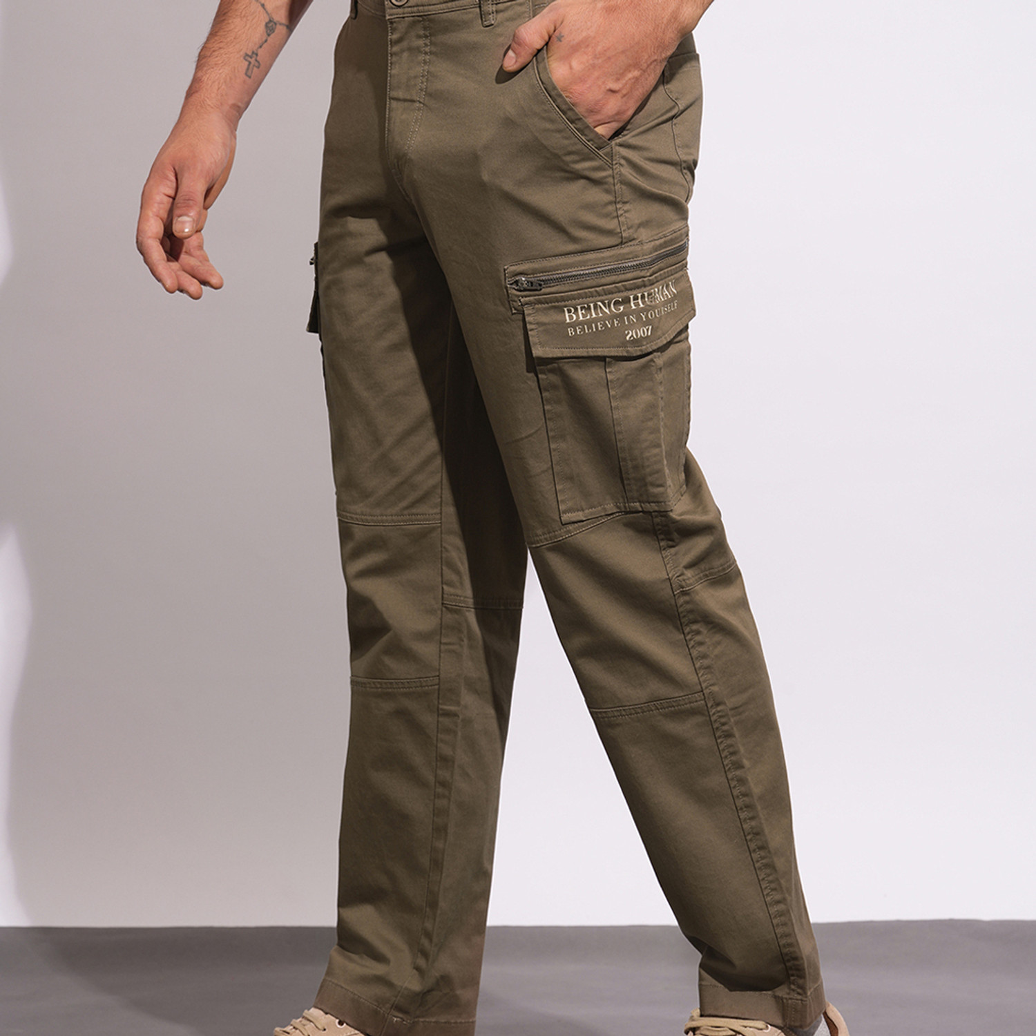 Image of BEING HUMAN Brown Easy Fit Cargos for Men By Being Human Clothing Men Cargos