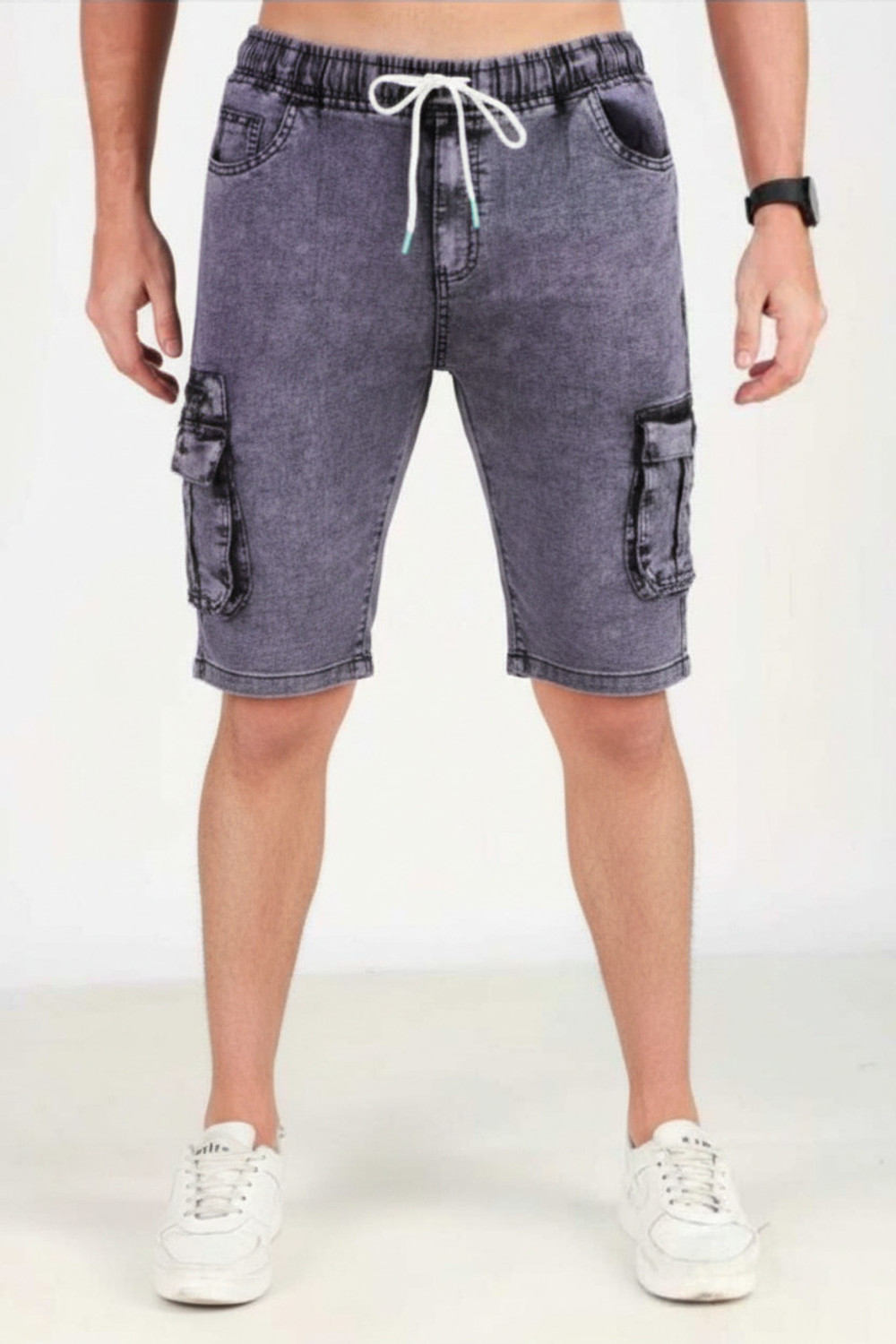 Image of Yungistan Solid Men Denim Grey Cargo Shorts