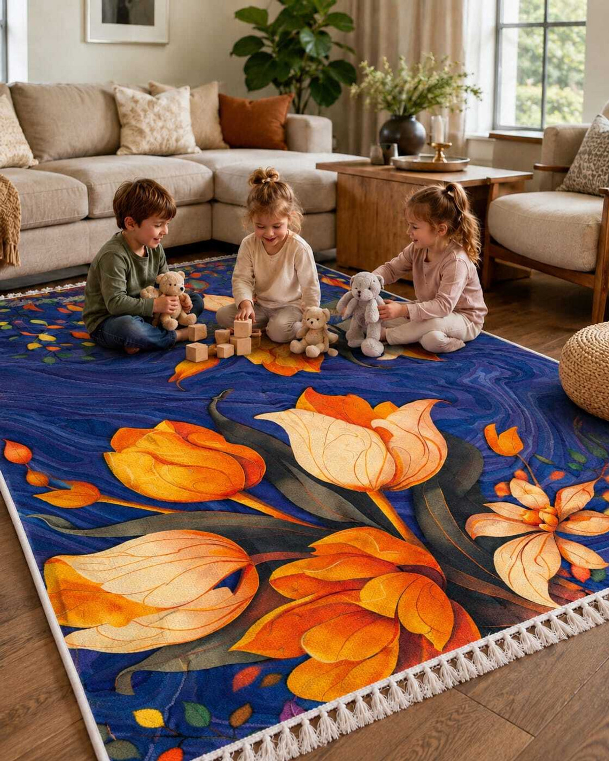 Image of AK Decor 5 ft X 7 ft Polyester, Chenille Carpet (Rectangle, Dark Blue, Multicolor)
