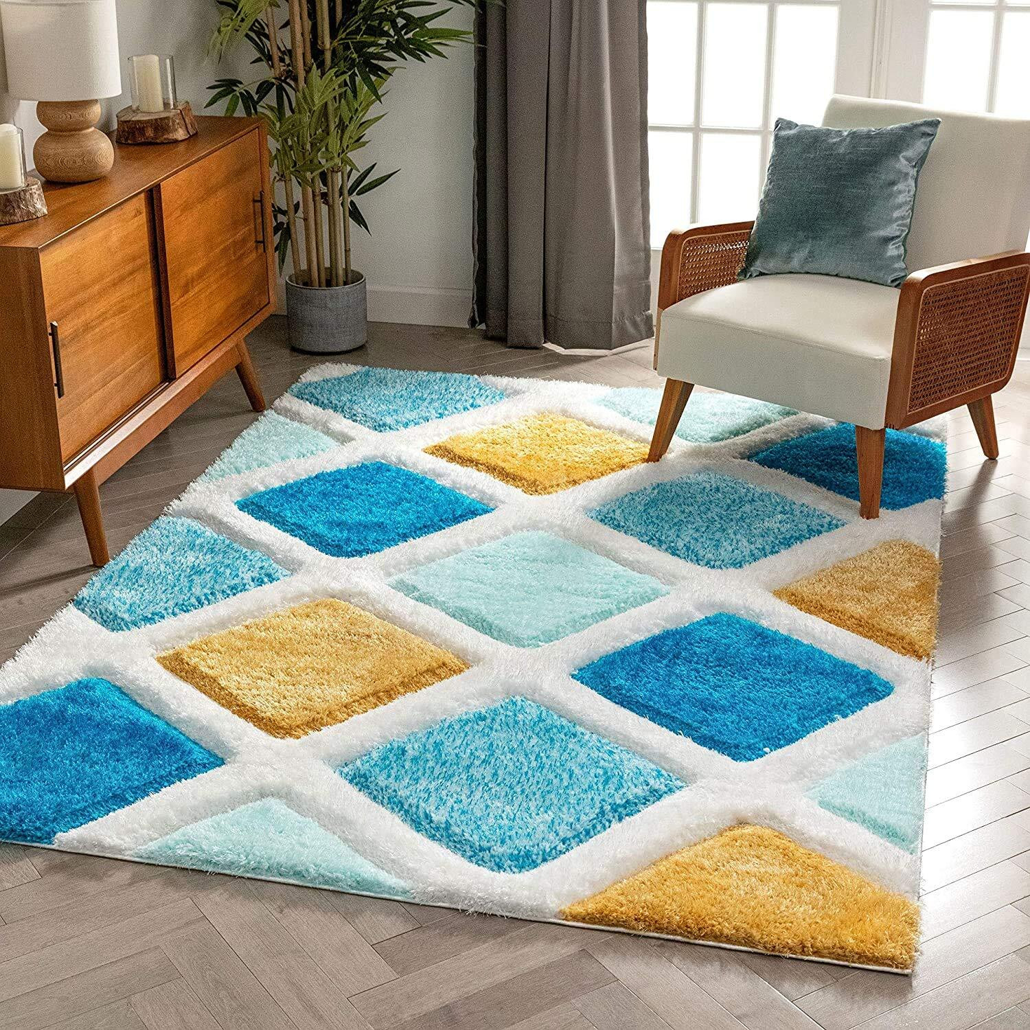Image of BRIGHT CARPET INDUSTRIES 5 ft X 7 ft Polyester Area Rug (Rectangle, Yellow, Light Blue)
