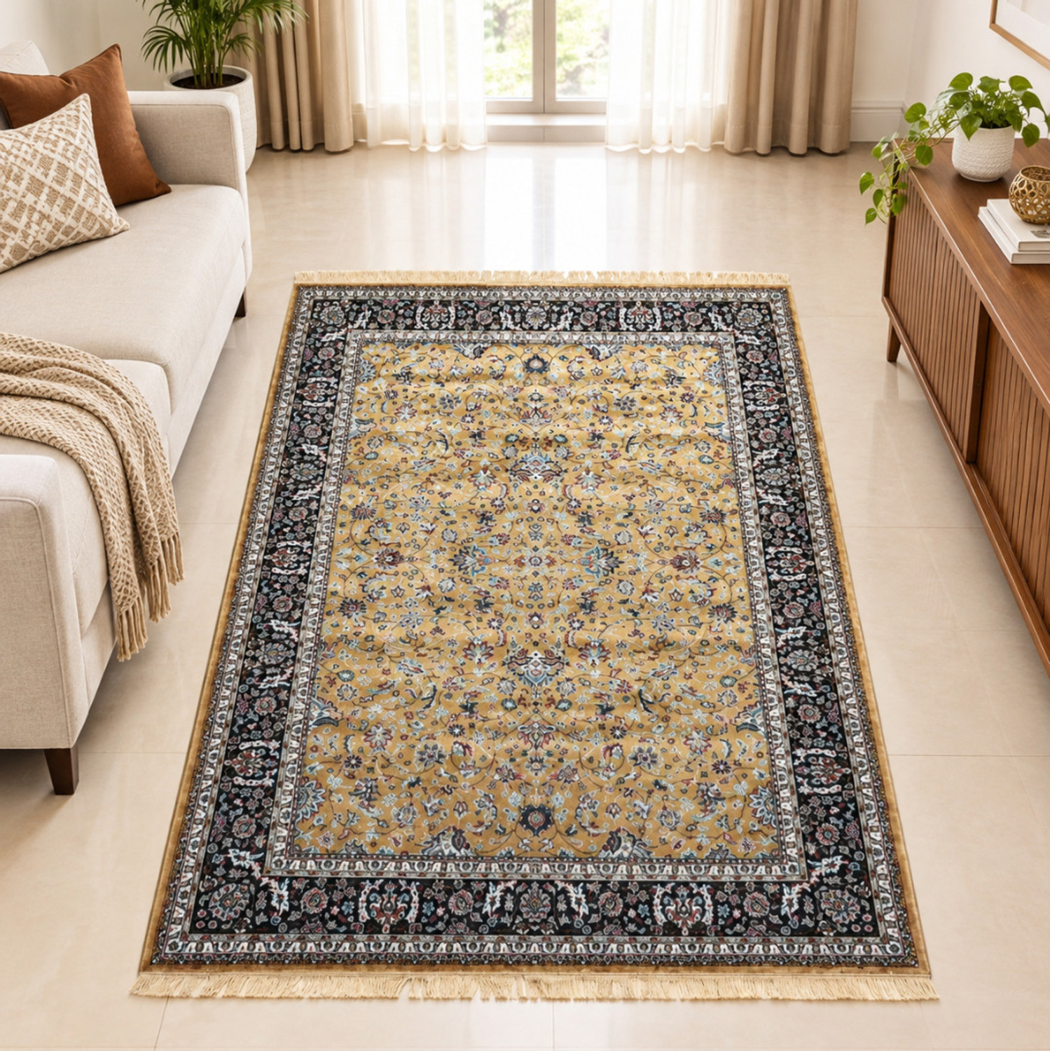 Image of ELISHAH 5 ft X 7 ft Silk Carpet (Rectangle, Yellow)