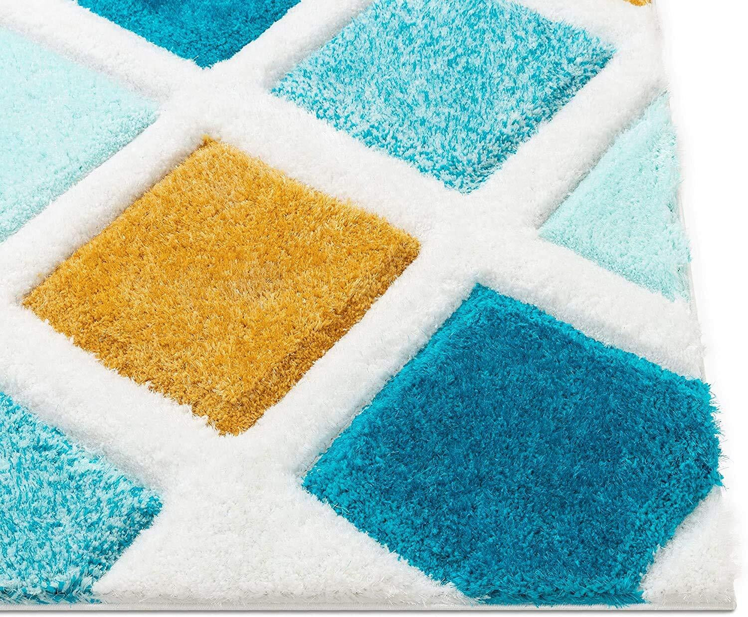 Image of BRIGHT CARPET INDUSTRIES 5 ft X 7 ft Polyester Area Rug (Rectangle, Yellow, Light Blue)