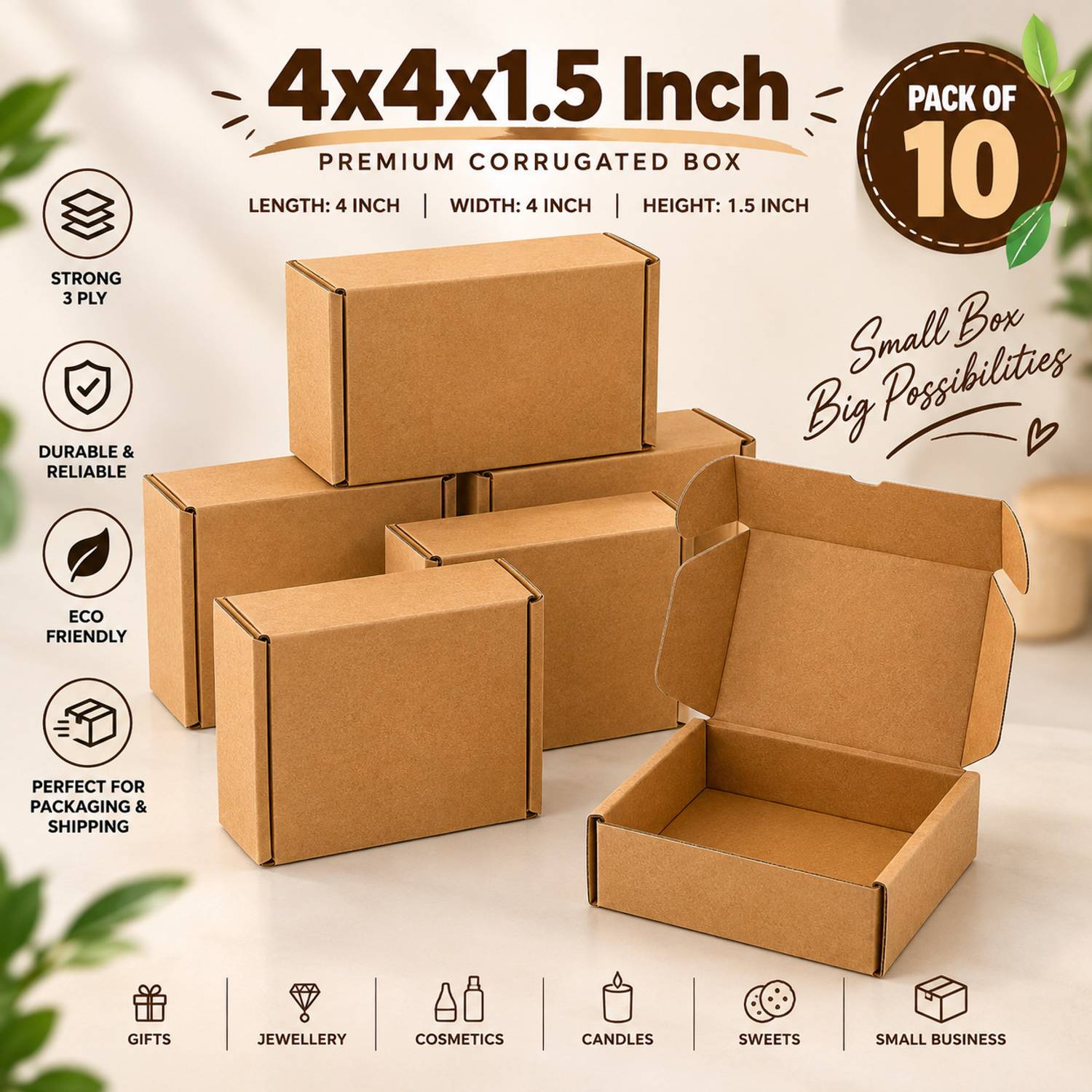 akash packaging Corrugated Craft Paper 3 Ply 4x4x1.5 Inch Mailer Box for Gifts, Jewellery & E-Commerce Packaging Box